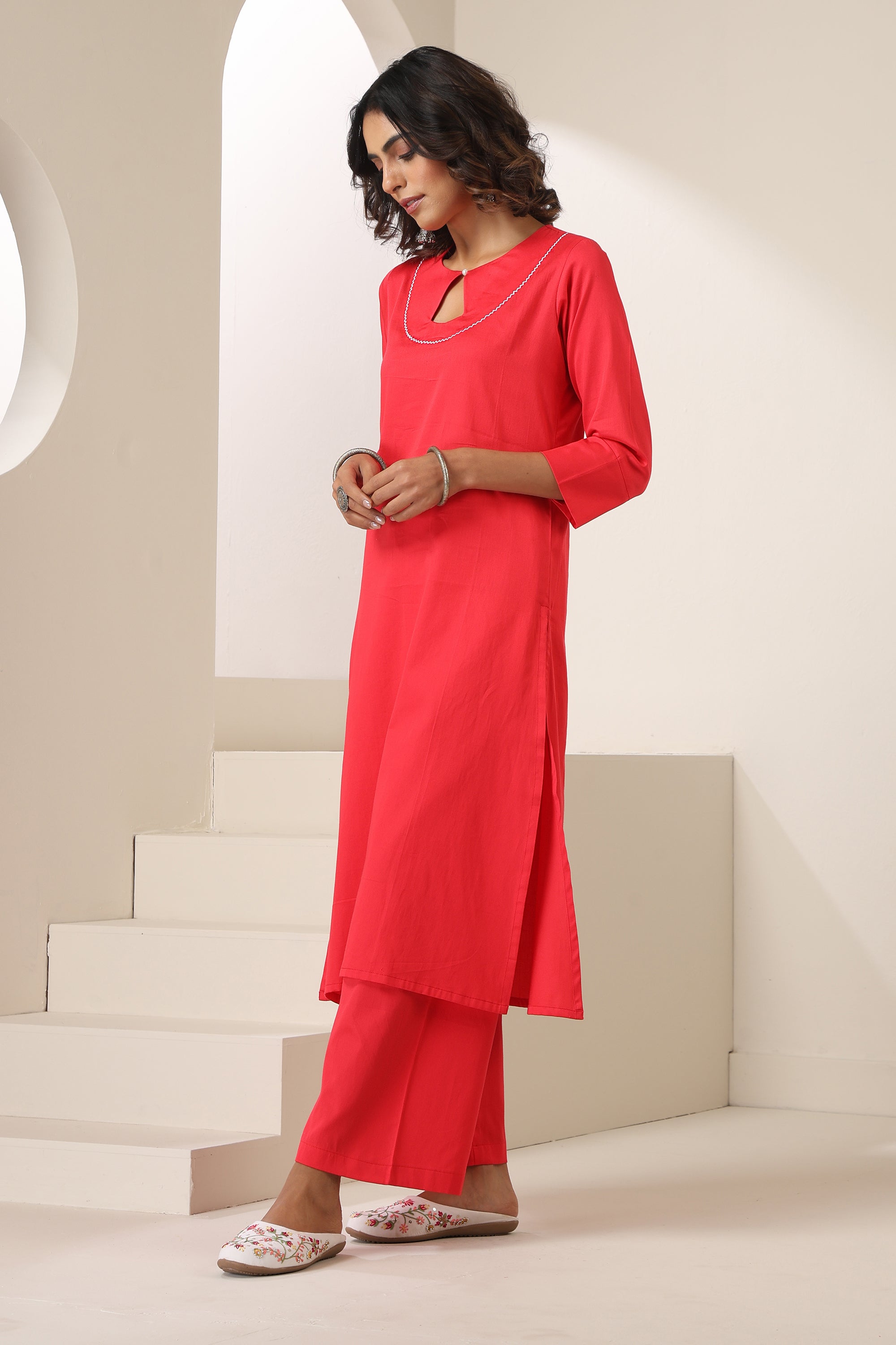 Mrisha Coral Pink Embroidered Kurta Set
