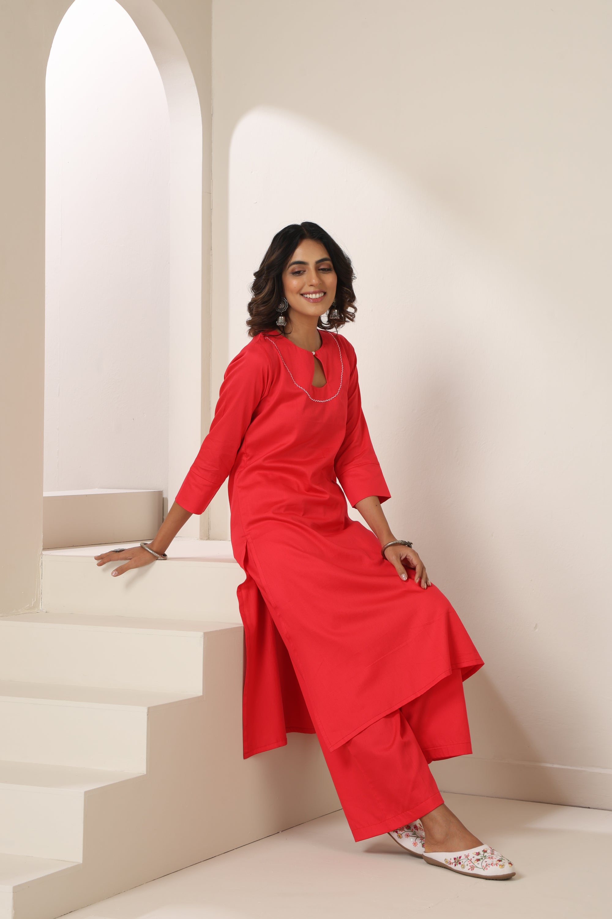 Mrisha Coral Pink Embroidered Kurta Set
