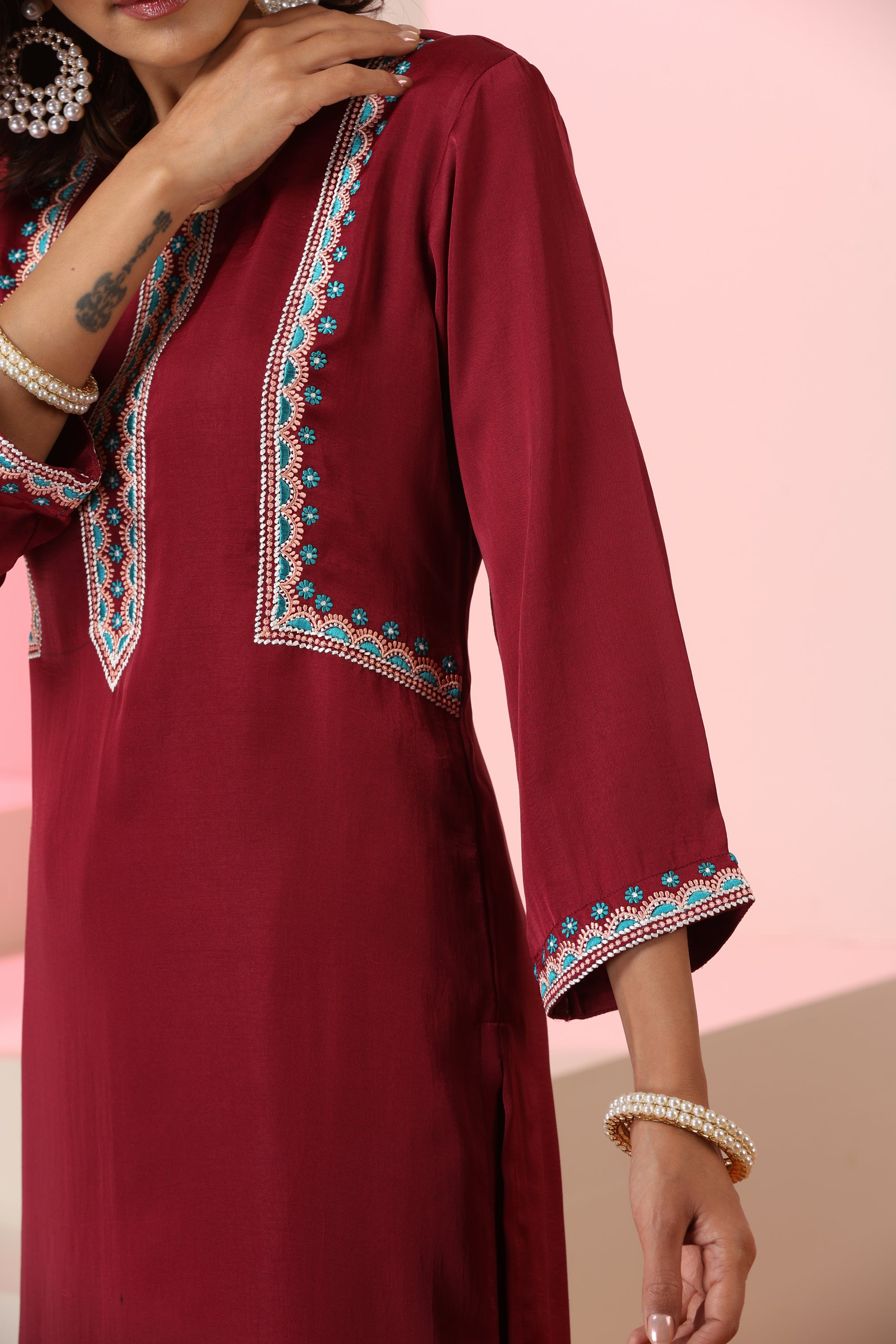 Sabina Maroon Embroidered Kurta Set