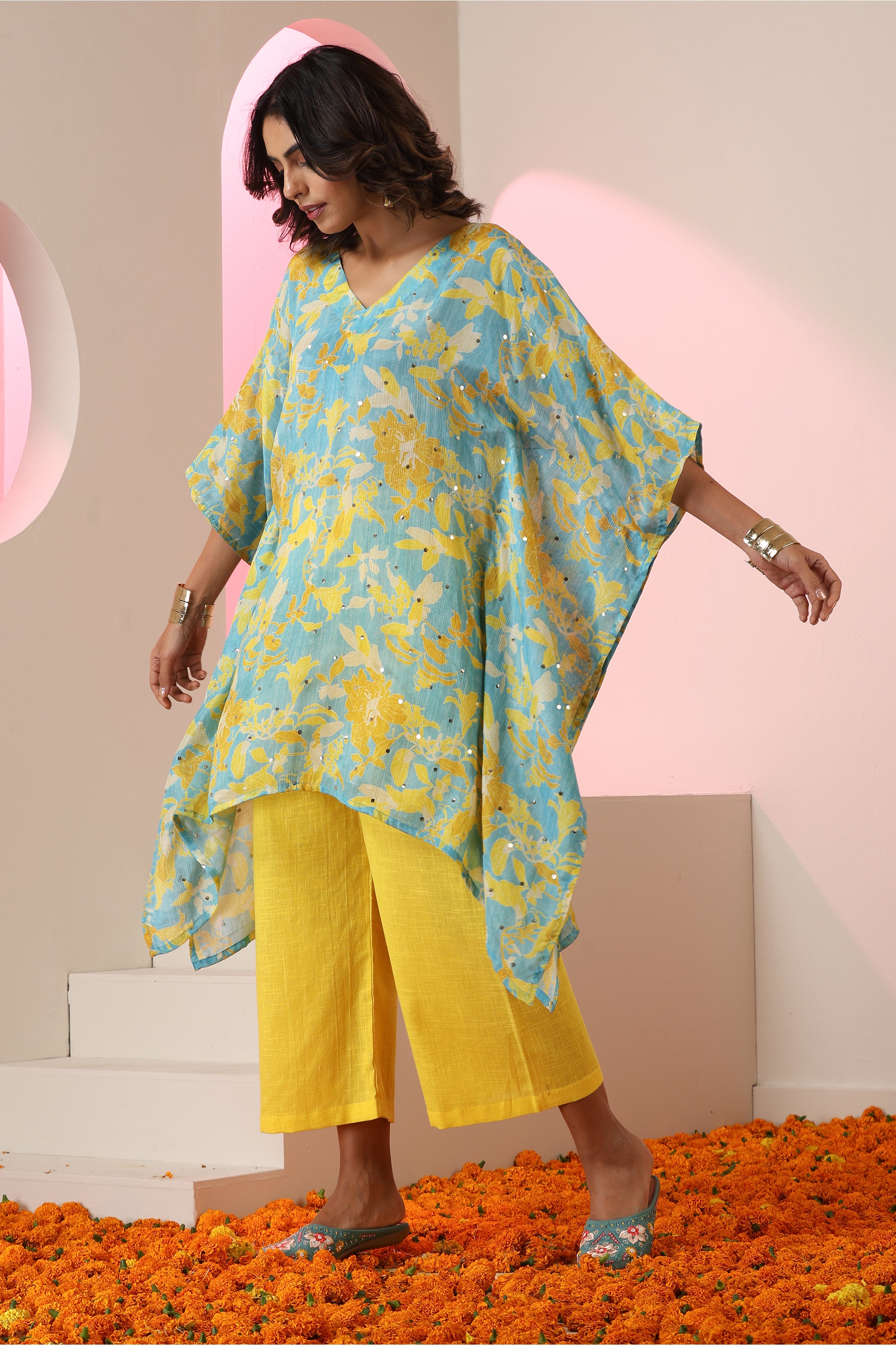 Sofia Yellow Floral Kaftan Set