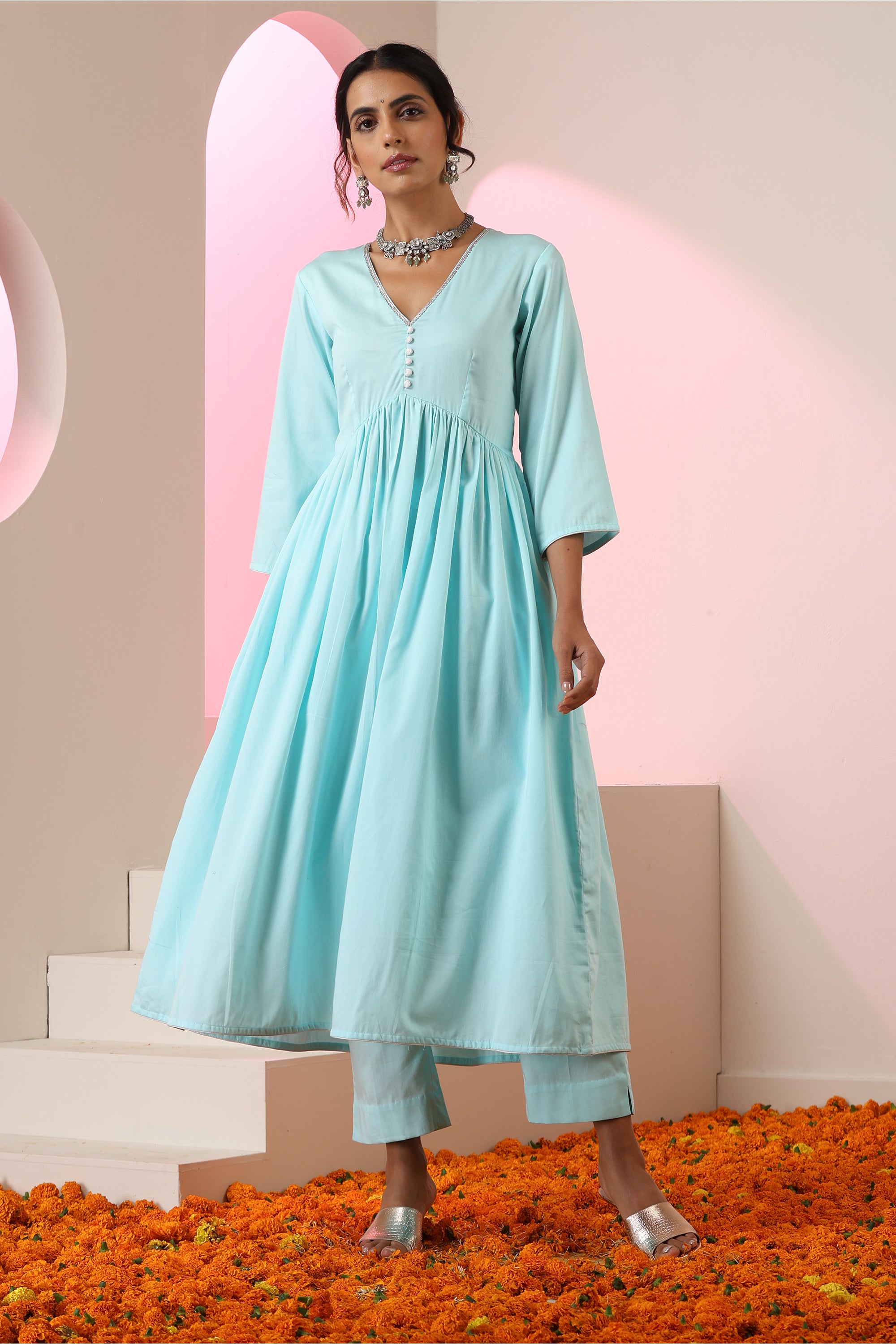 Aafreen Ice Blue Anarkali Set Sky Blue / Cotton / Xs