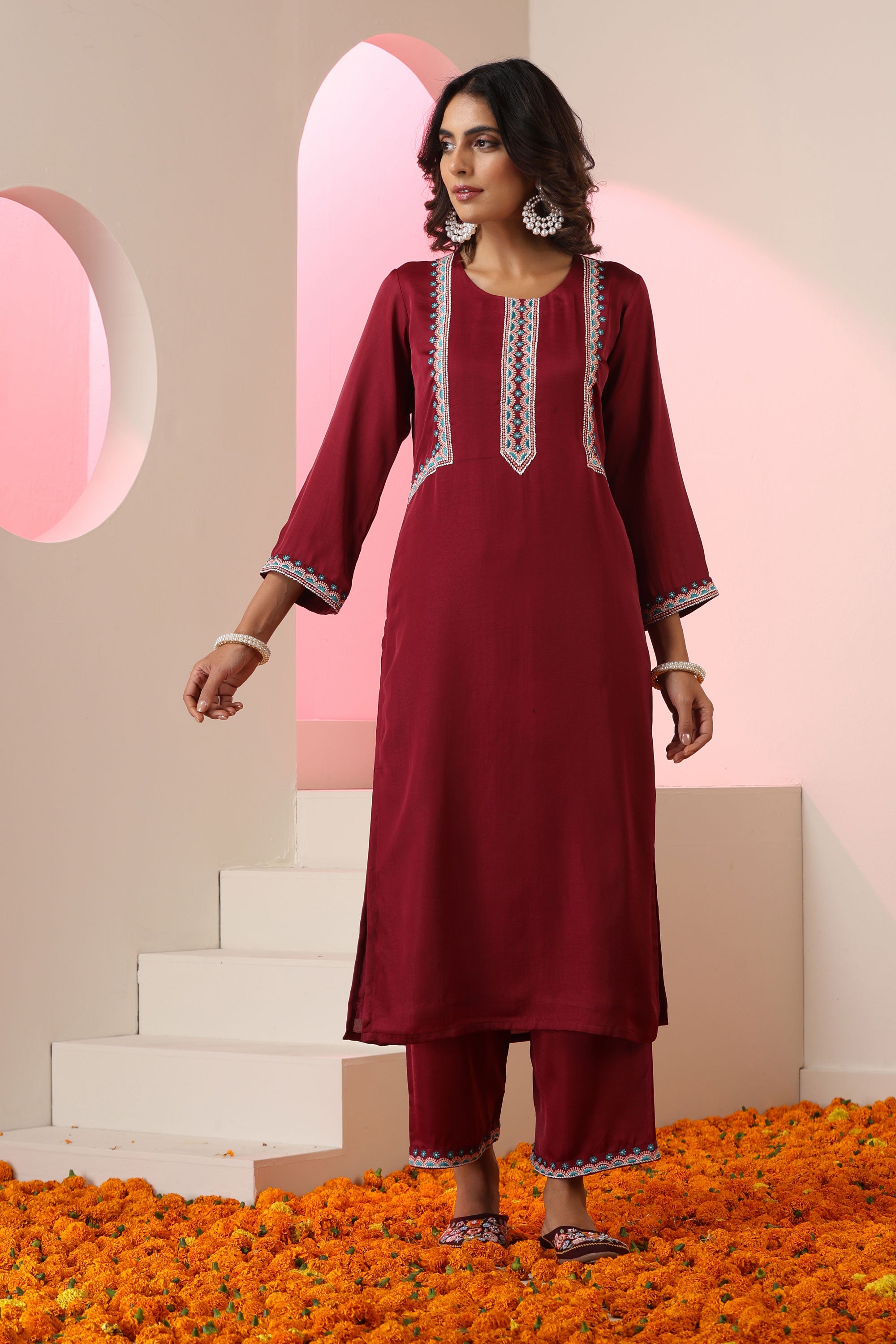 Sabina Maroon Embroidered Kurta Set