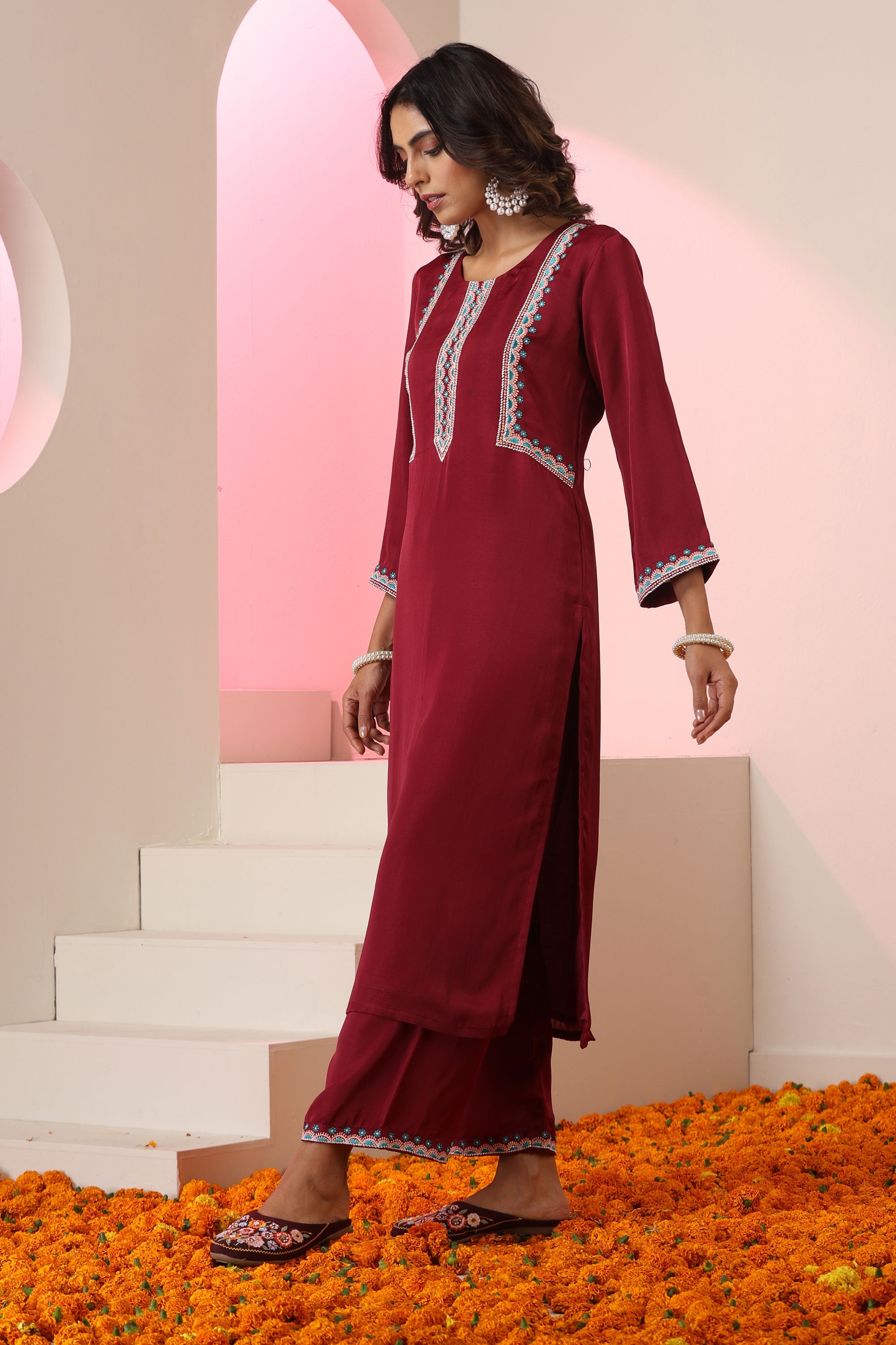 Sabina Maroon Embroidered Kurta Set
