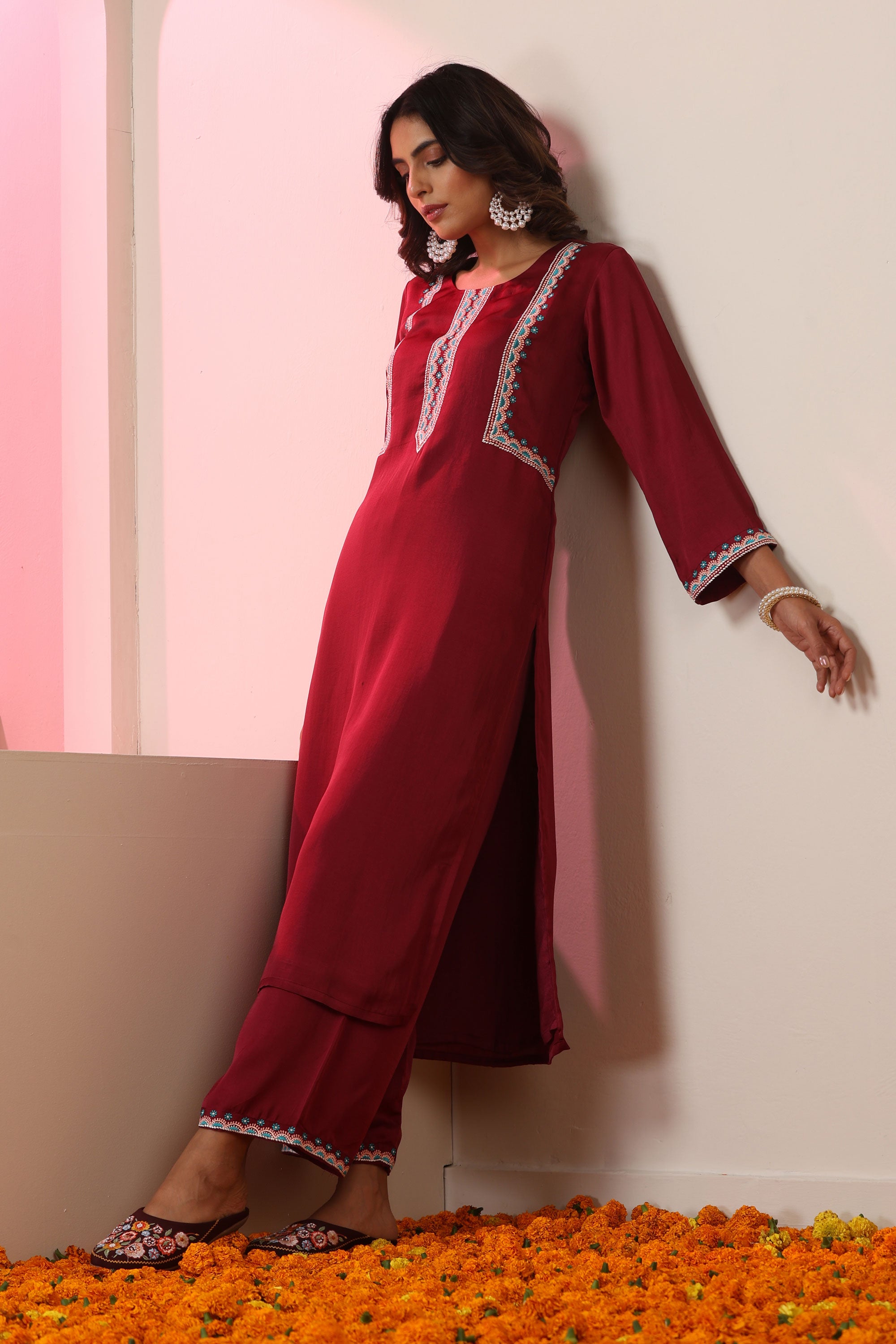 Sabina Maroon Embroidered Kurta Set