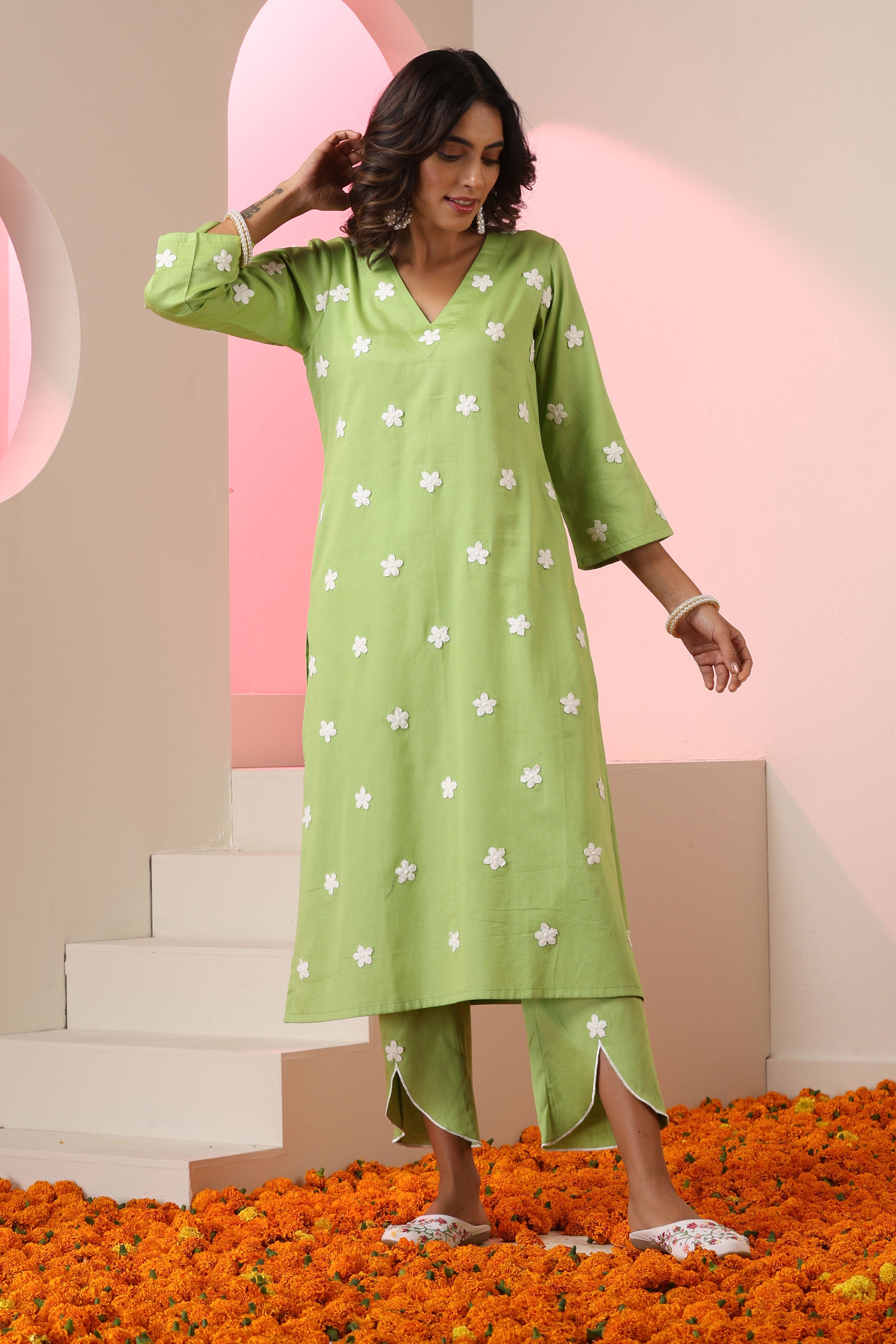Shanaya Floral Lime Green Kurta Set