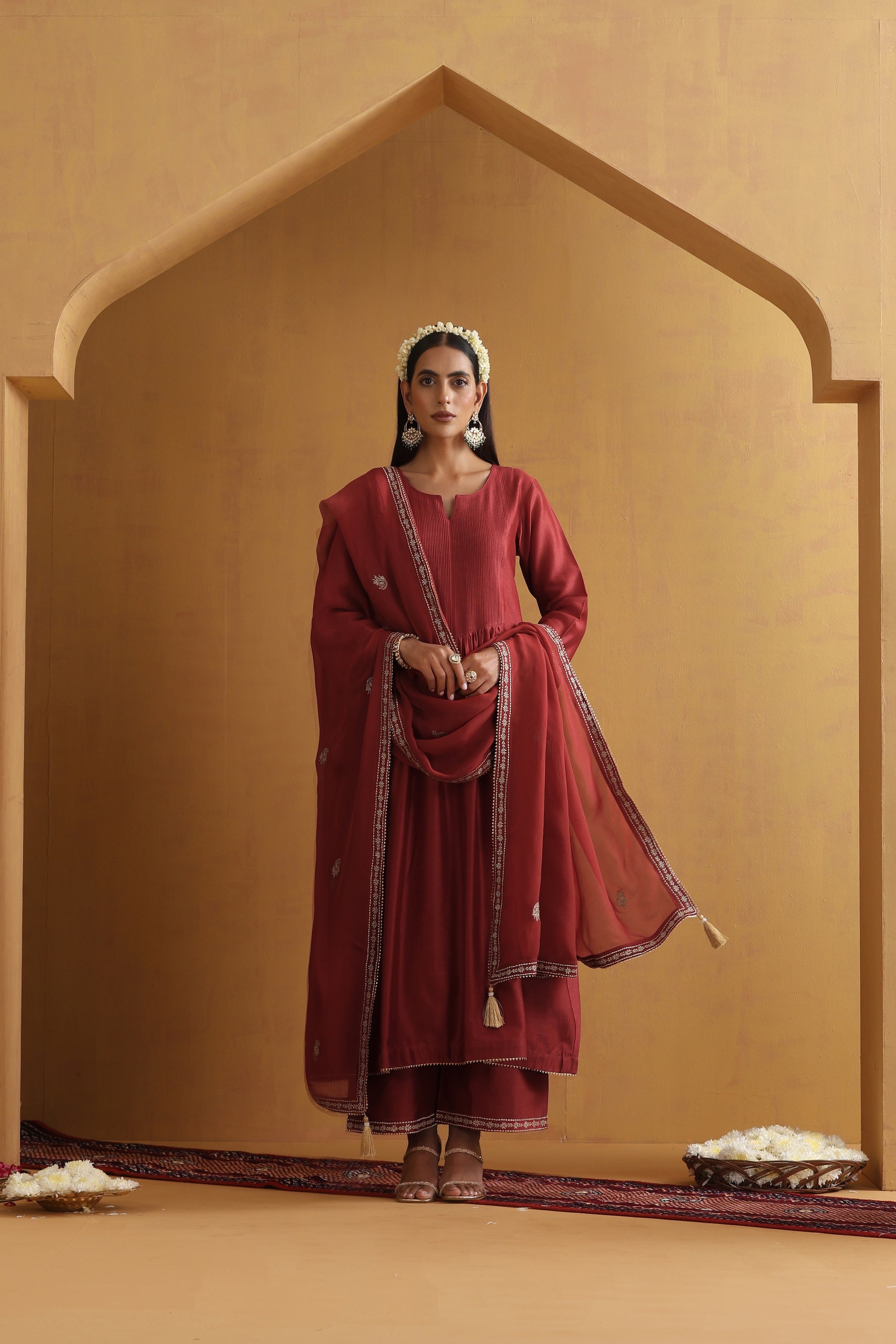 Yatika Rust Embroidered Pintex Kurta Set with Dupatta