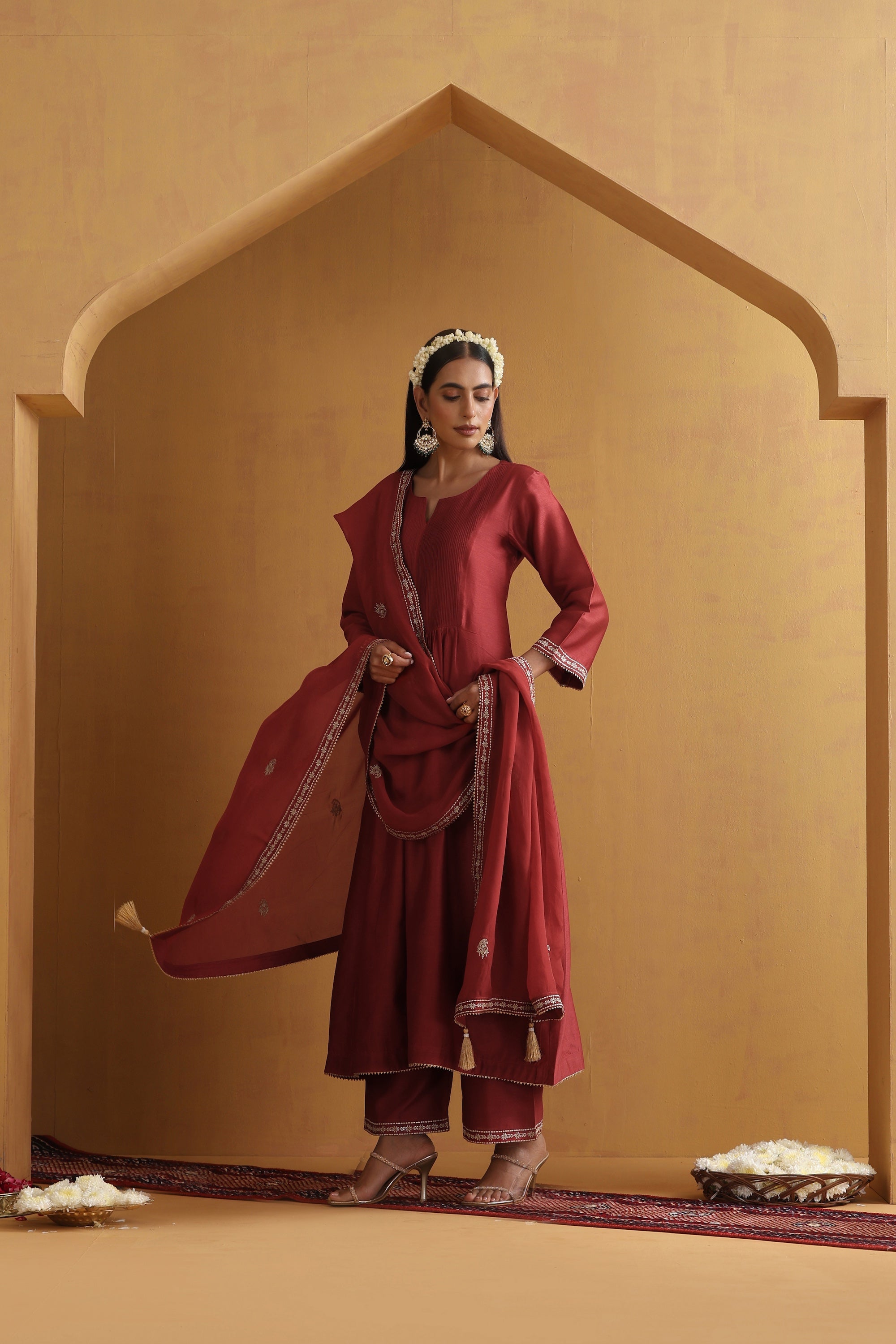 Yatika Rust Embroidered Pintex Kurta Set with Dupatta