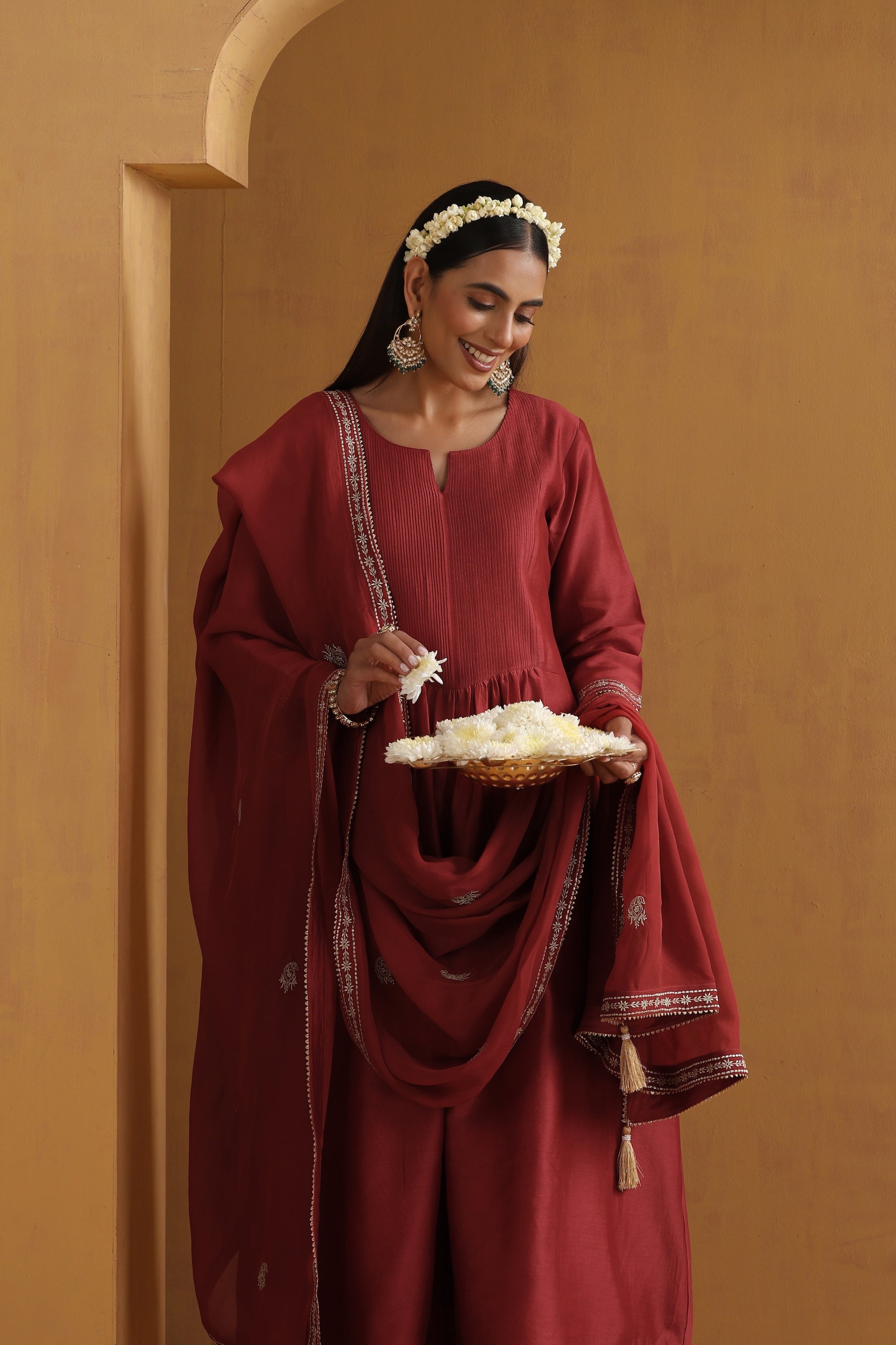Yatika Rust Embroidered Pintex Kurta Set with Dupatta