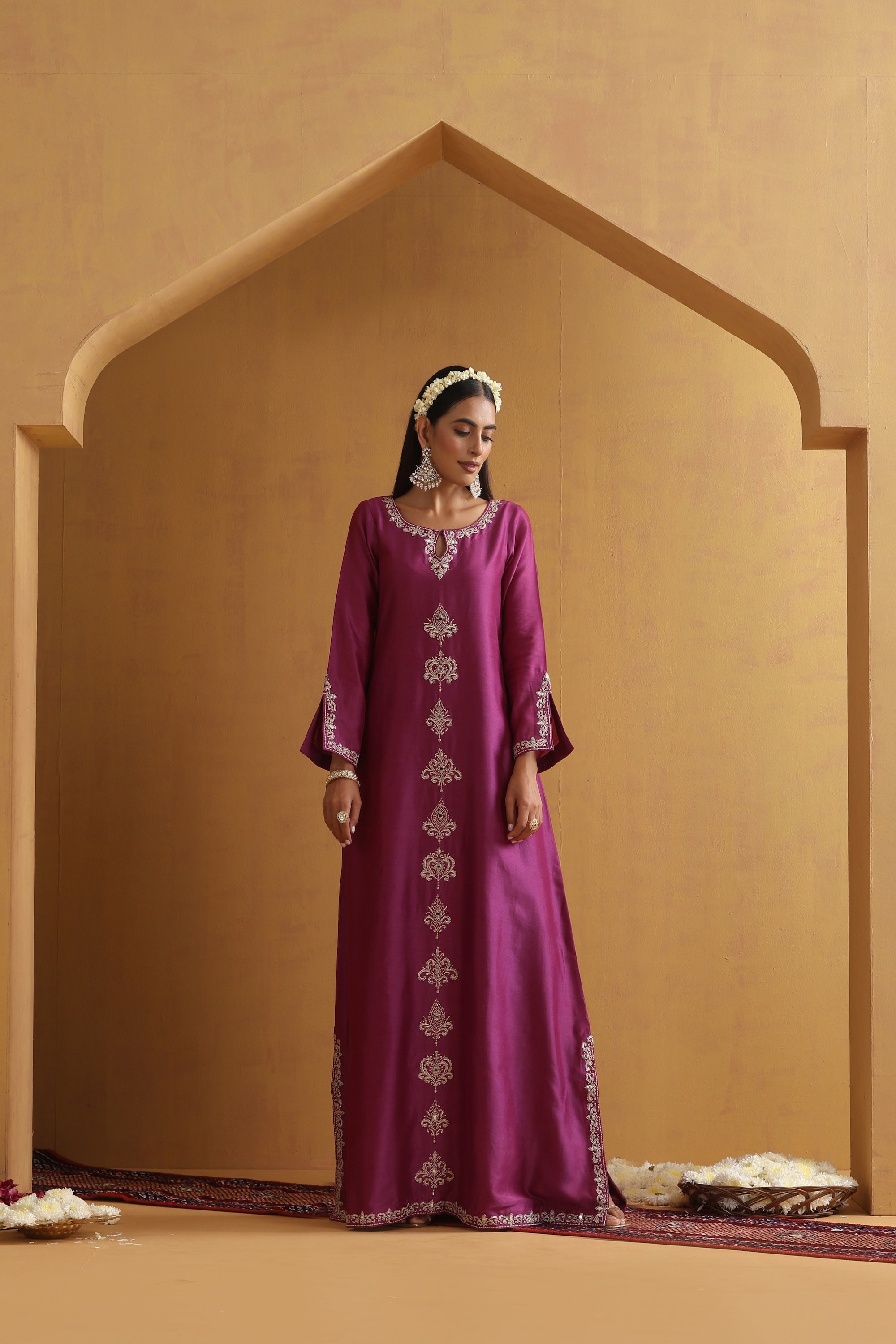 Mahira Wine Embroidered Kaftan