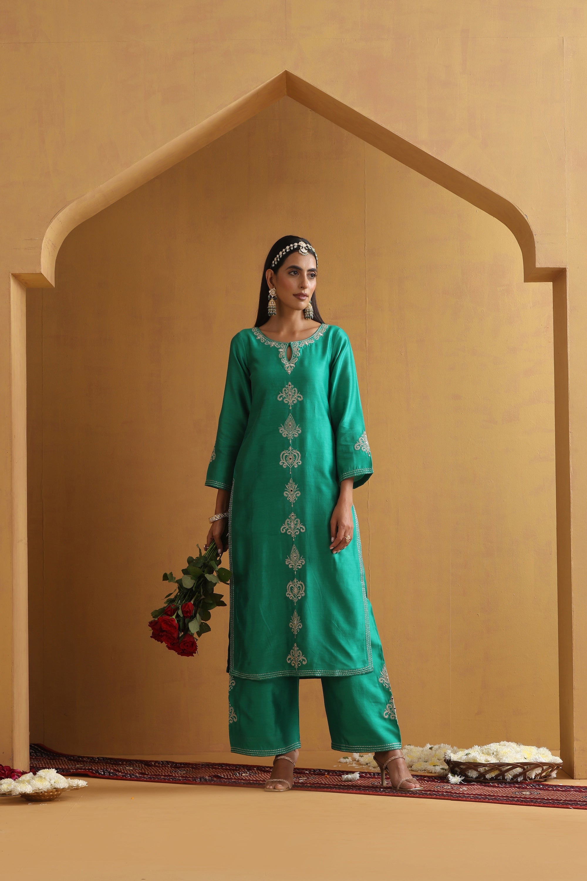 Noora Green Embroidered Kurta Set with Dupatta