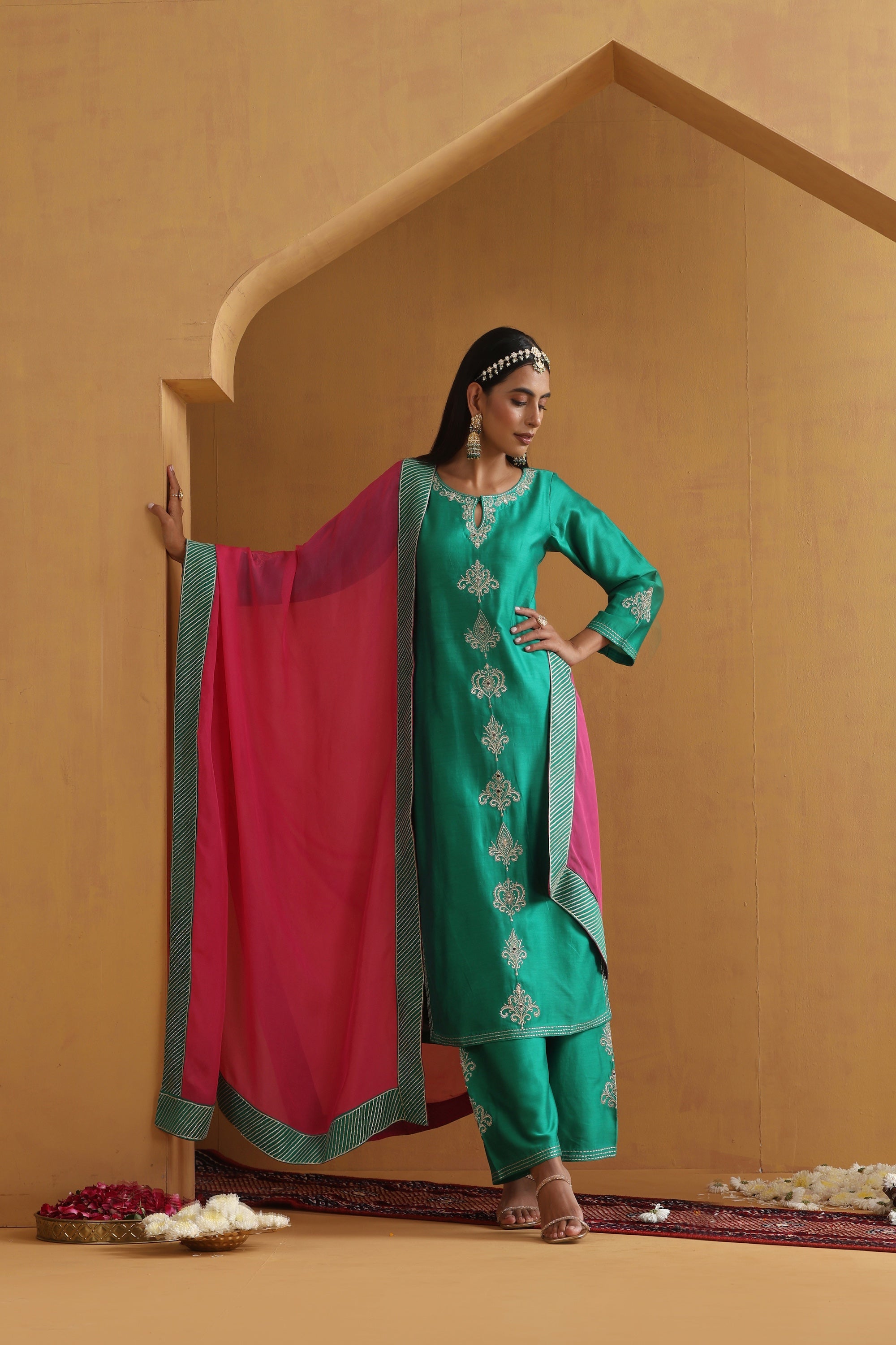 Noora Green Embroidered Kurta Set with Dupatta