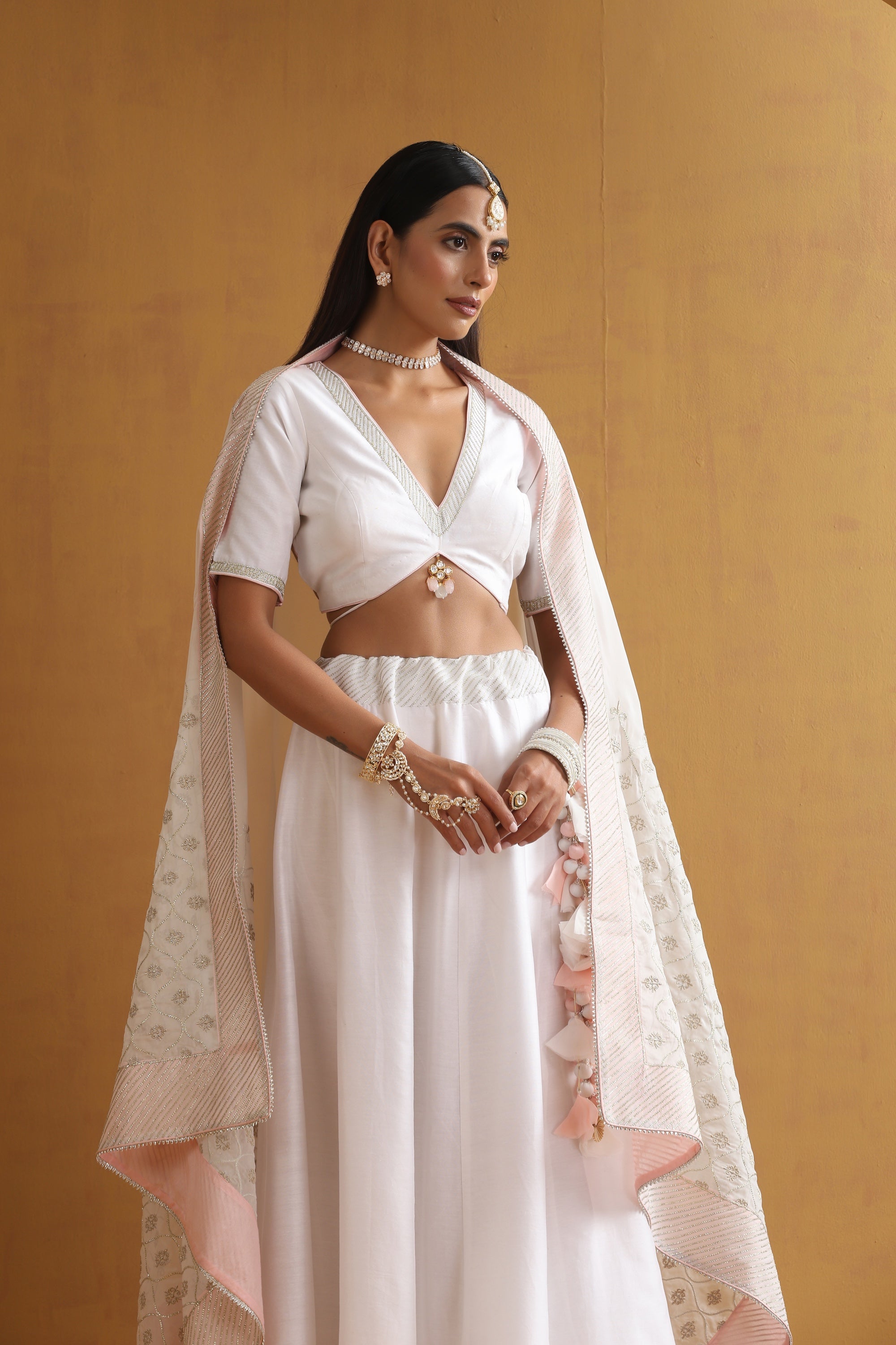 Nivetha White Embroidered Lehenga Set with Dupatta