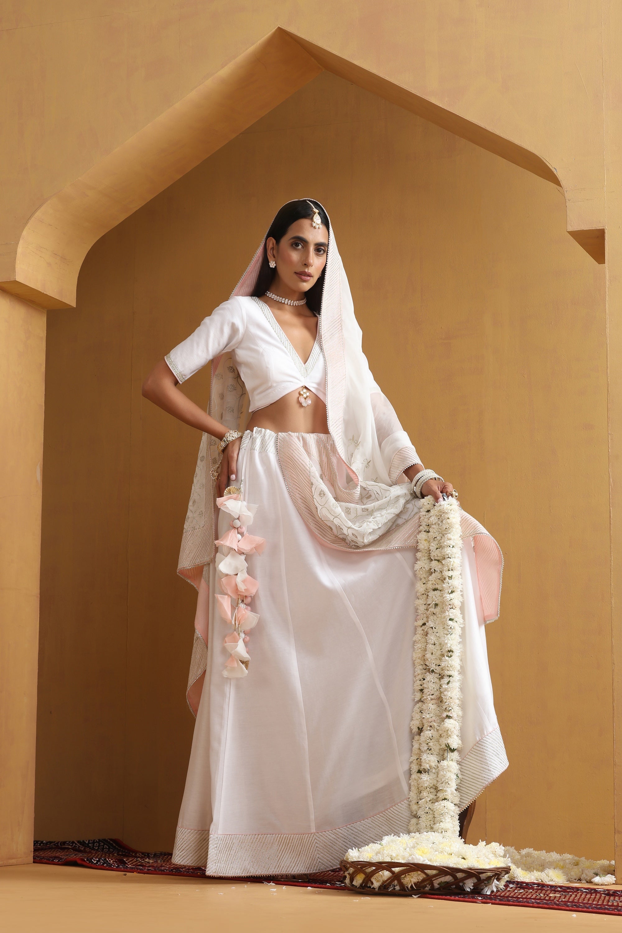Nivetha White Embroidered Lehenga Set with Dupatta