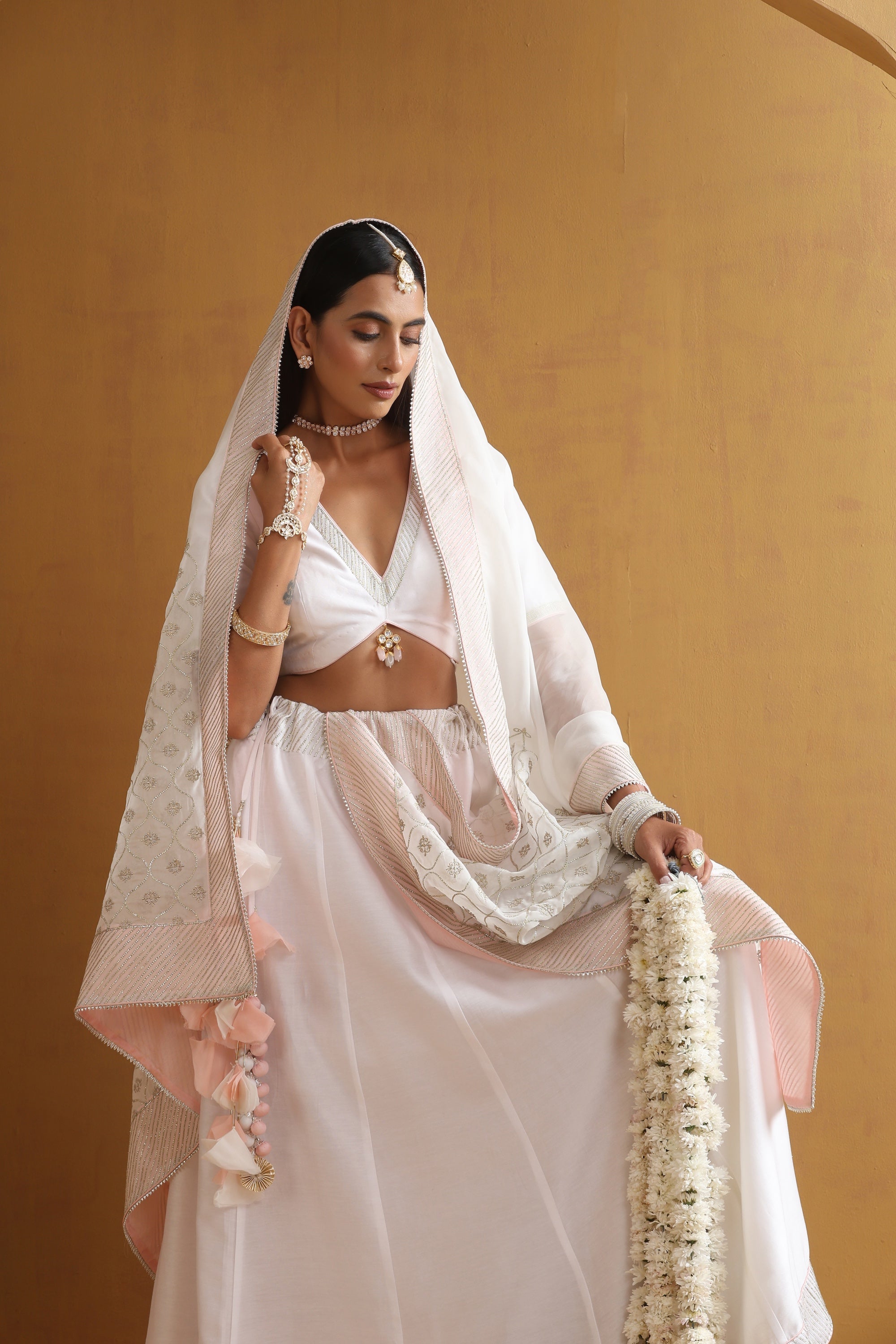 Nivetha White Embroidered Lehenga Set with Dupatta