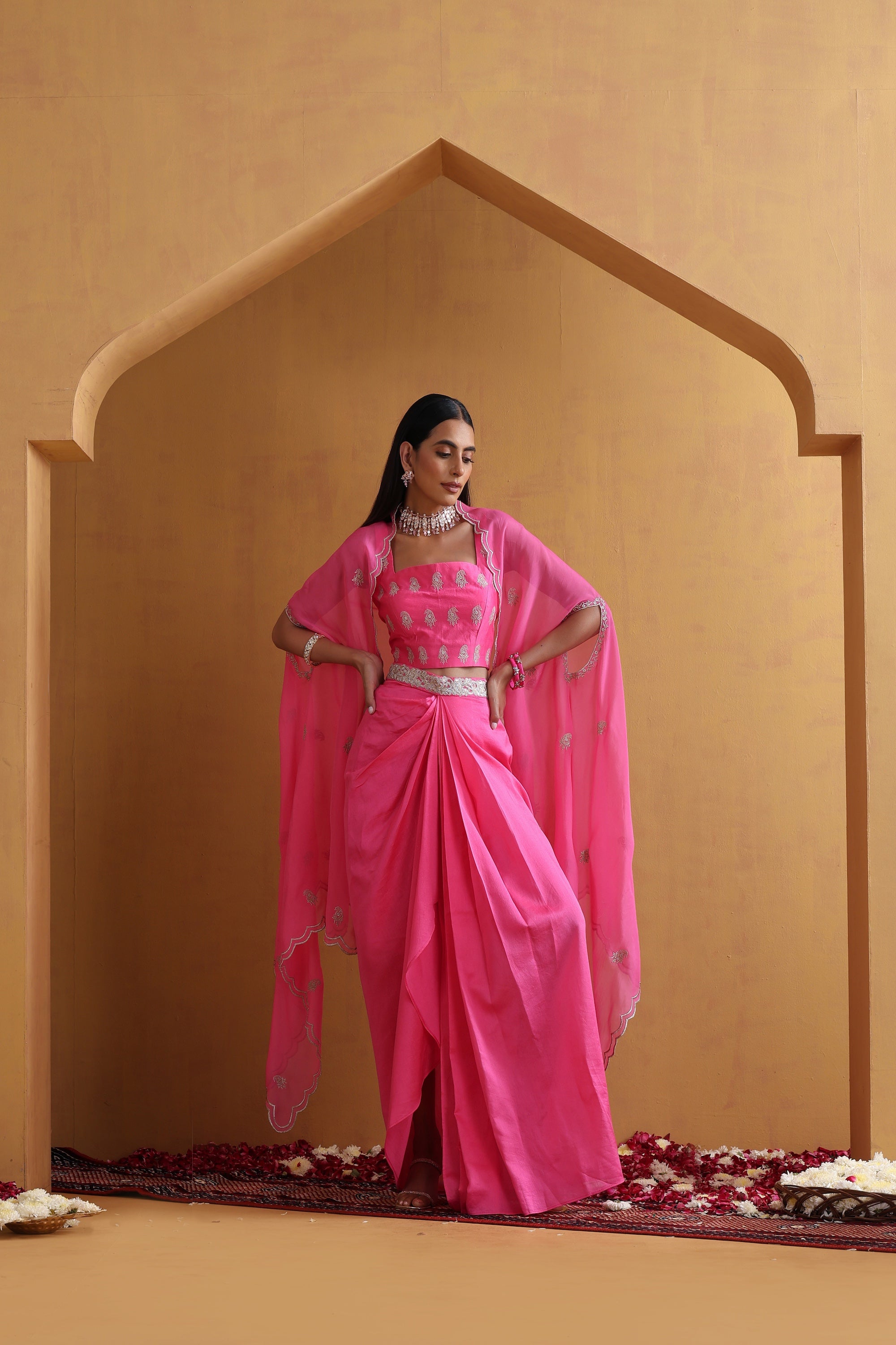 Aangan Pink Embroidered Draped Skirt Set with Cape