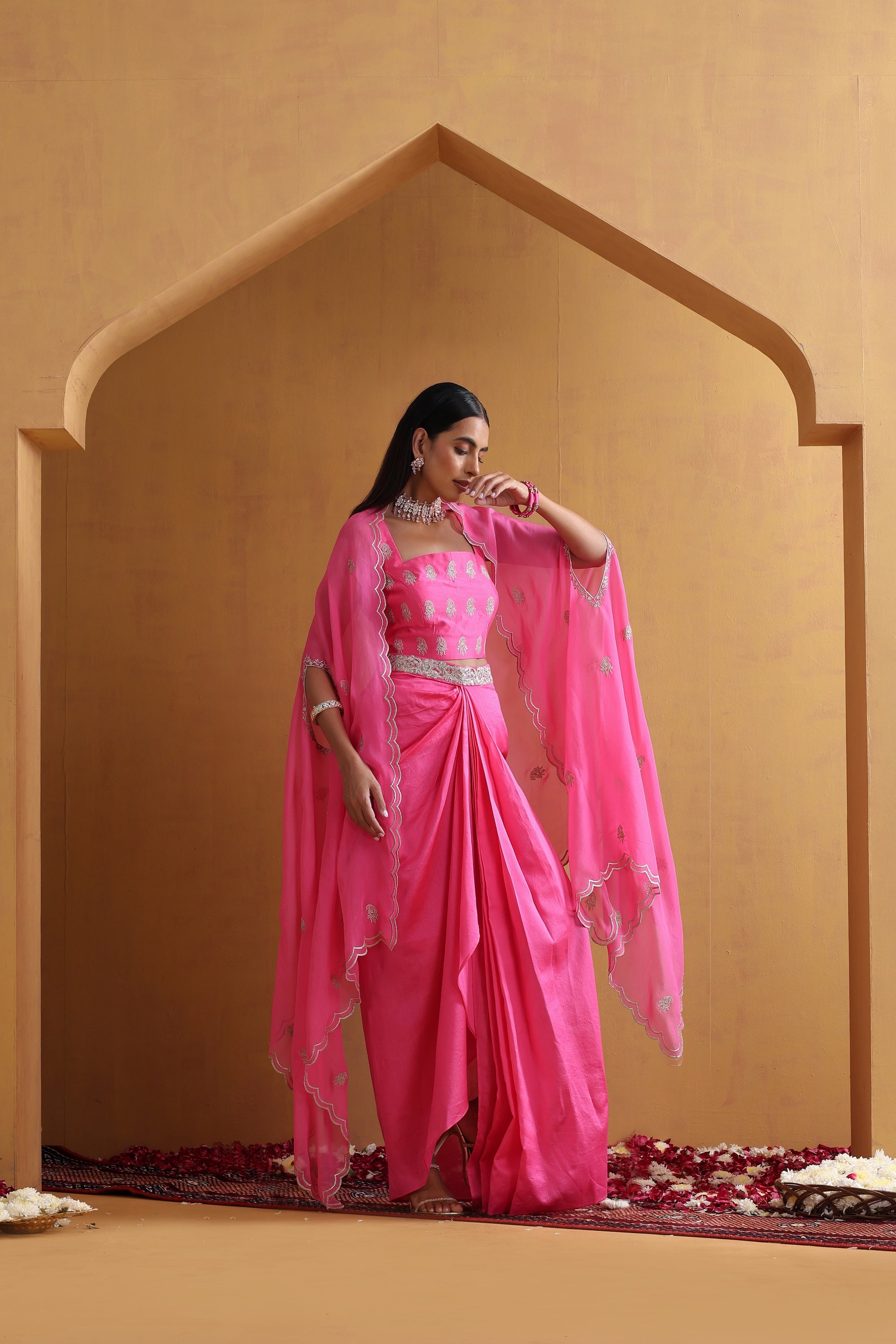 Aangan Pink Embroidered Draped Skirt Set with Cape