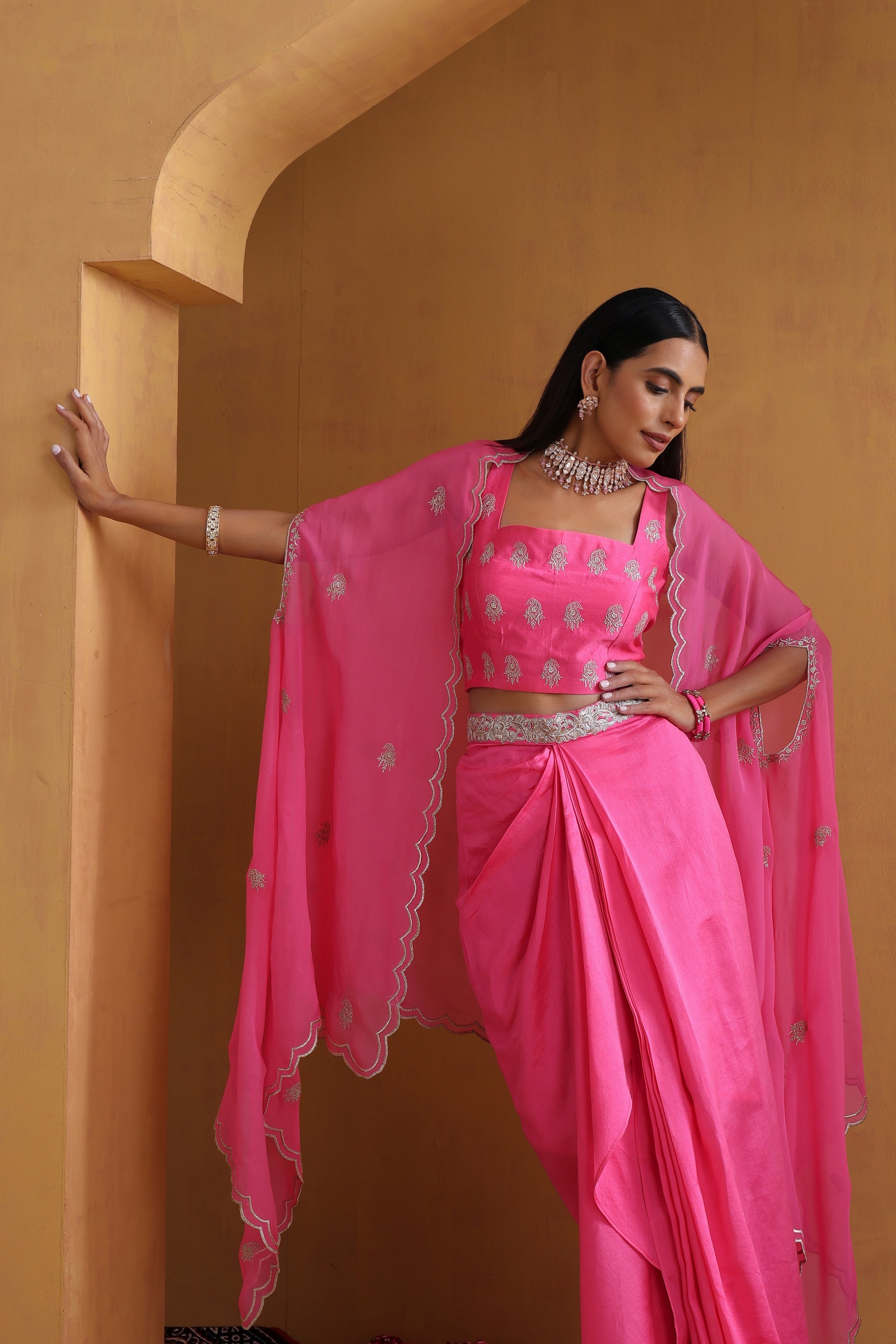Aangan Pink Embroidered Draped Skirt Set with Cape