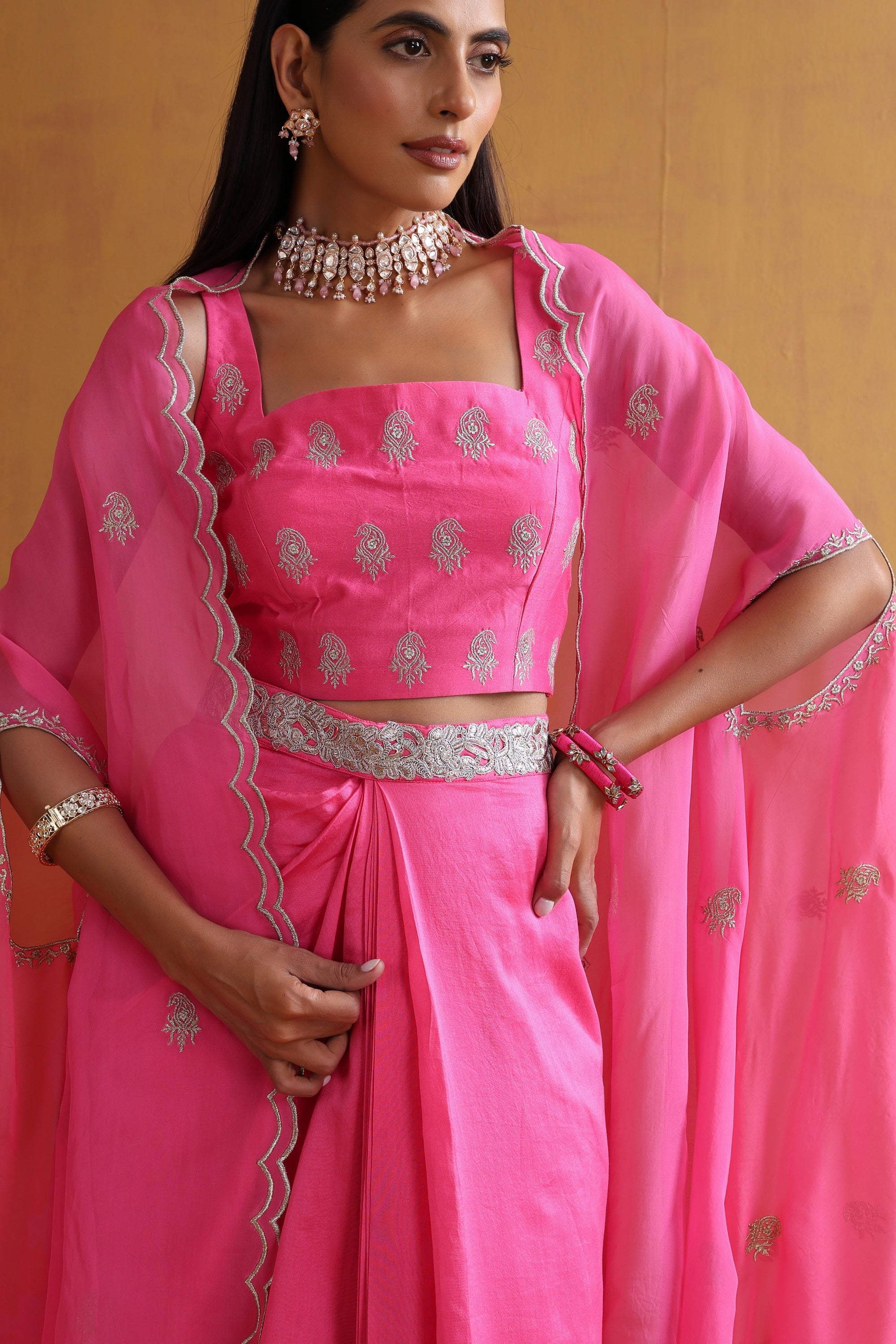 Aangan Pink Embroidered Draped Skirt Set with Cape