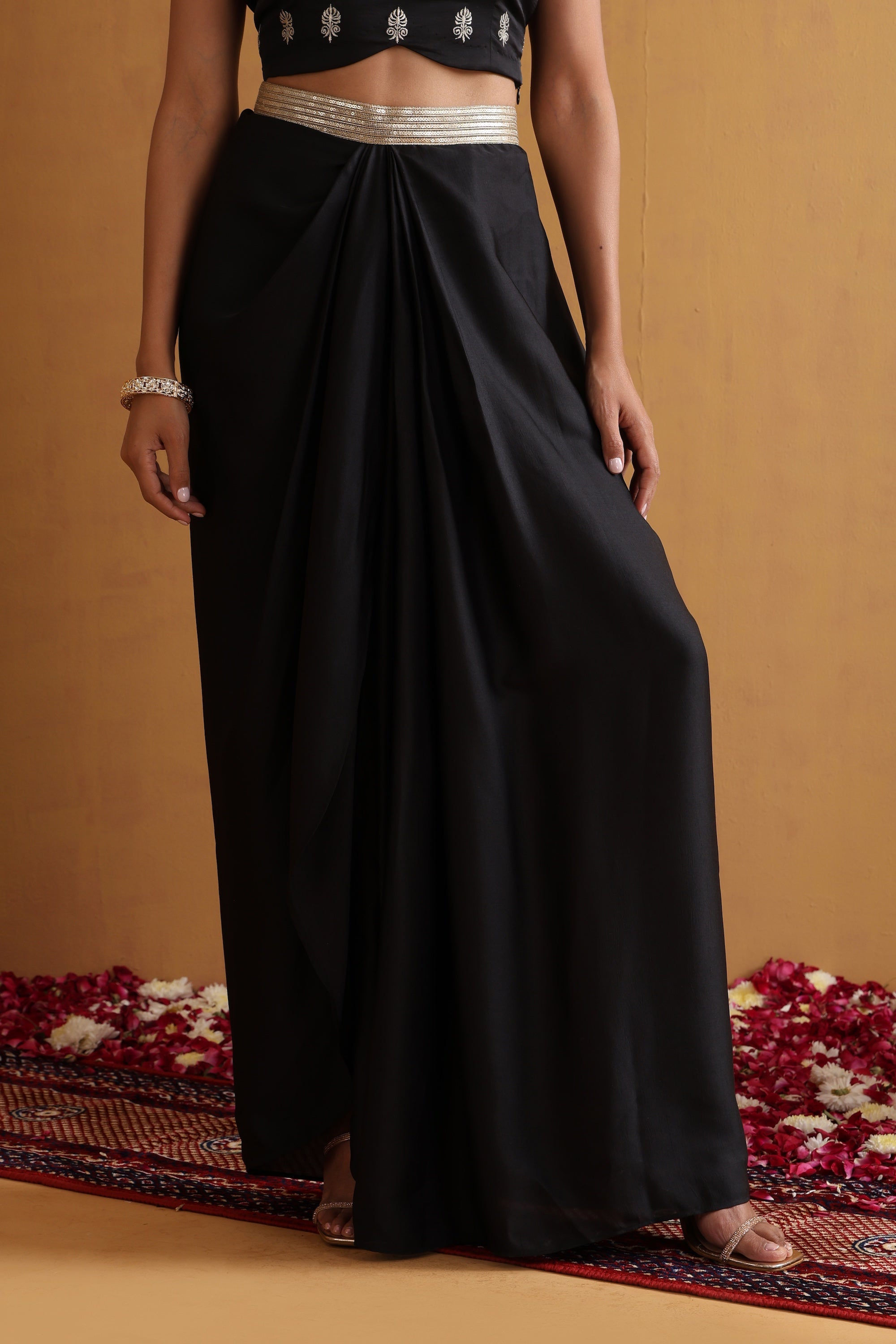 Rirsa Black Embroidered Draped Skirt Set with Cape