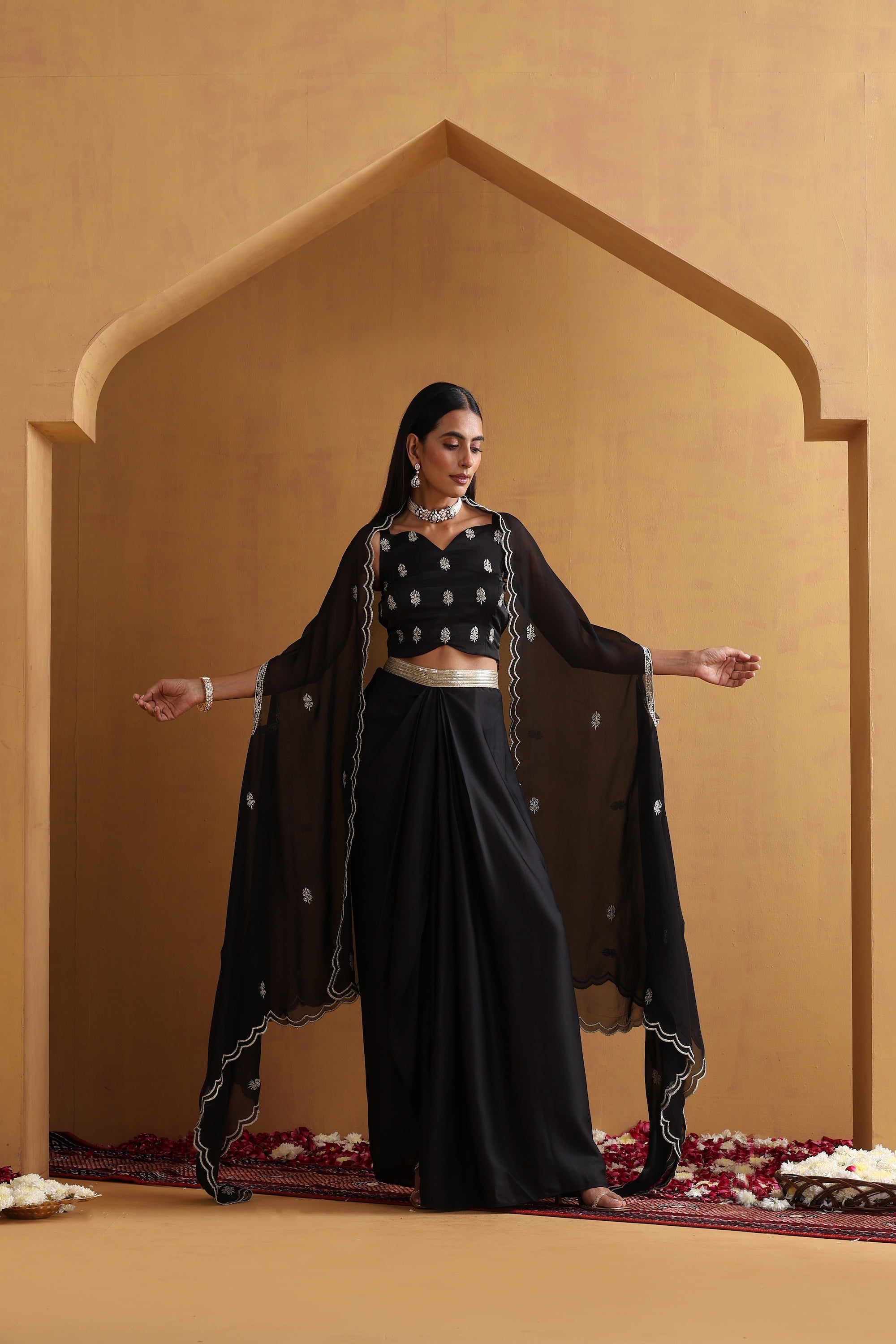 Rirsa Black Embroidered Draped Skirt Set with Cape