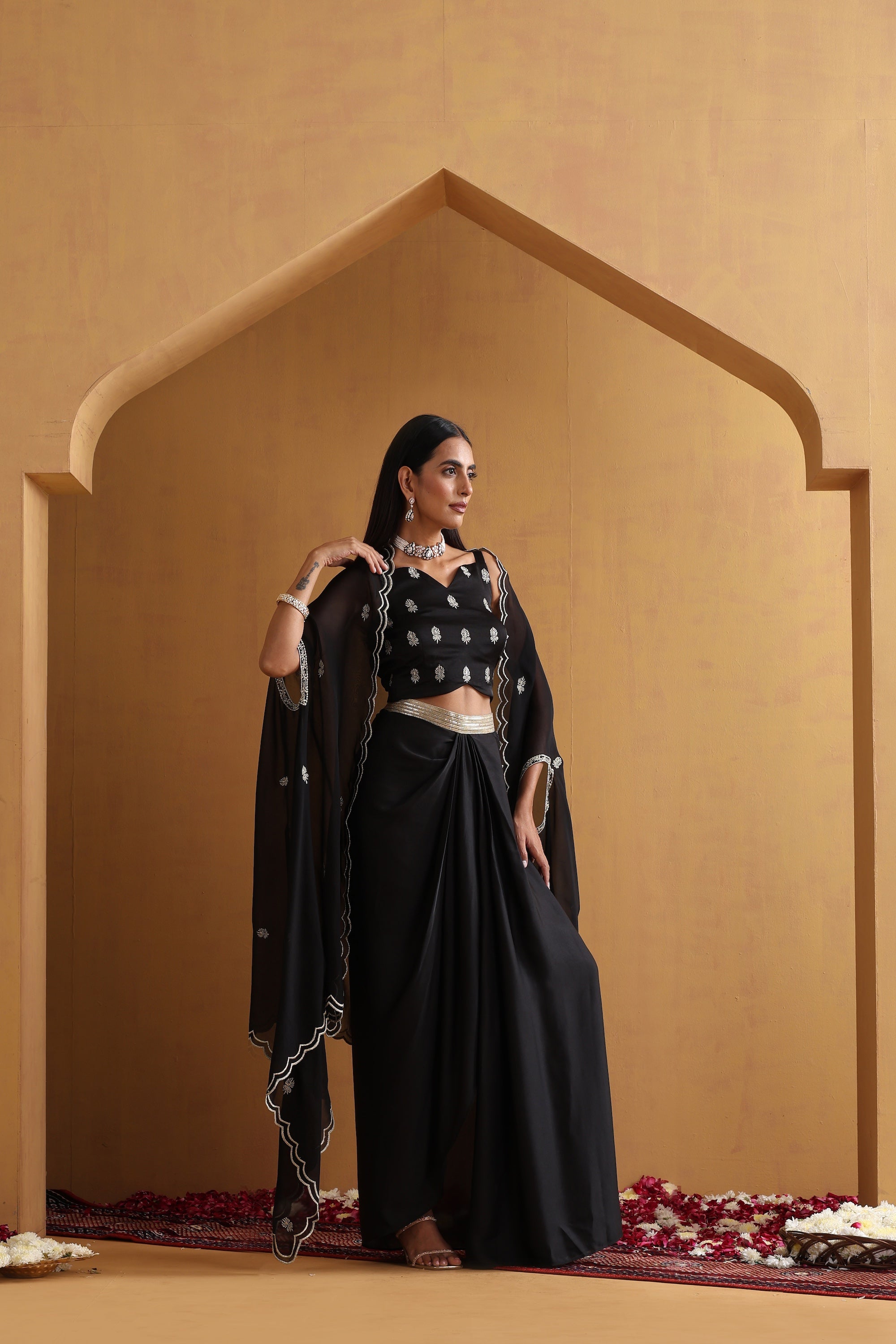 Rirsa Black Embroidered Draped Skirt Set with Cape