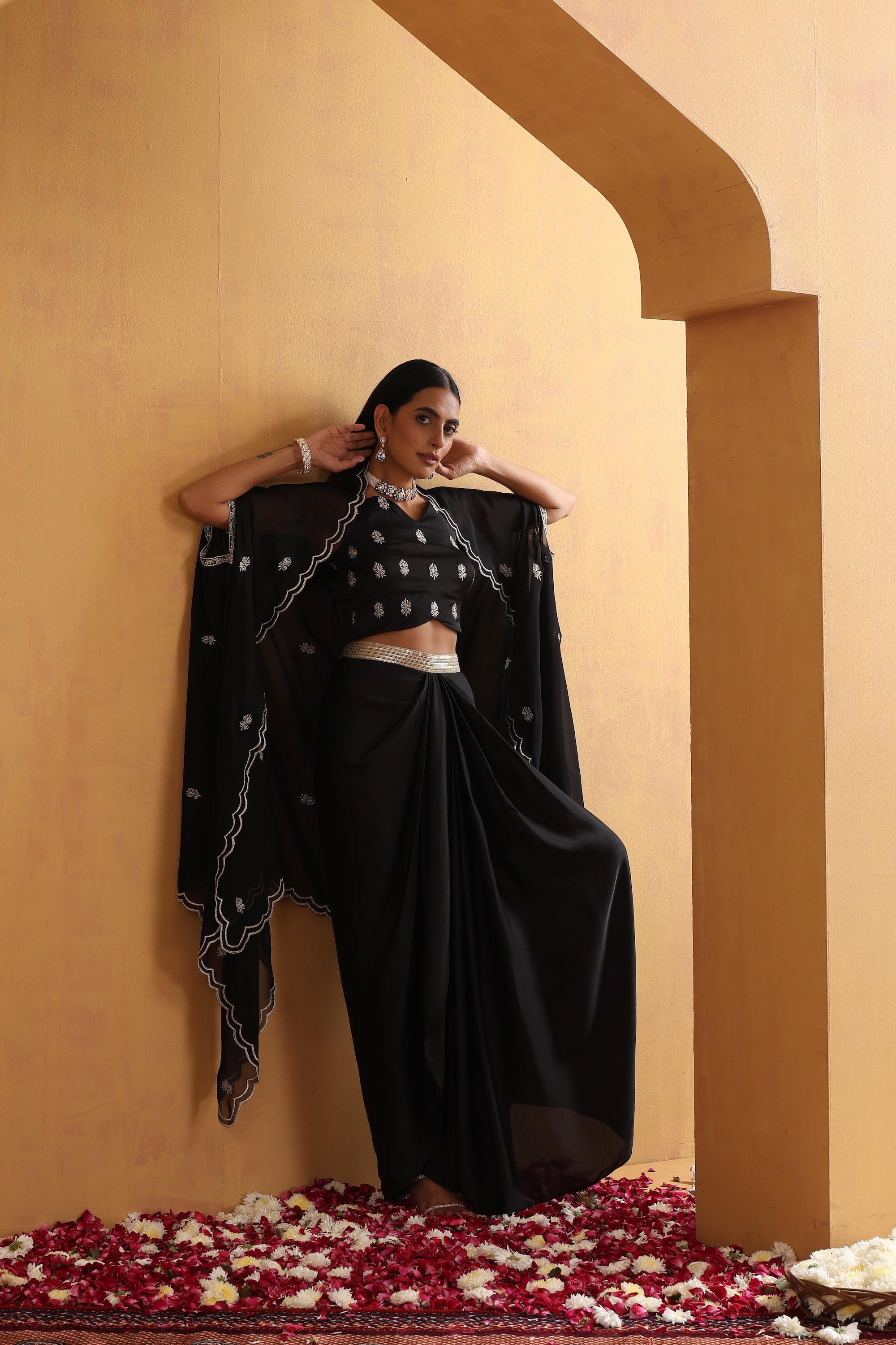 Rirsa Black Embroidered Draped Skirt Set with Cape