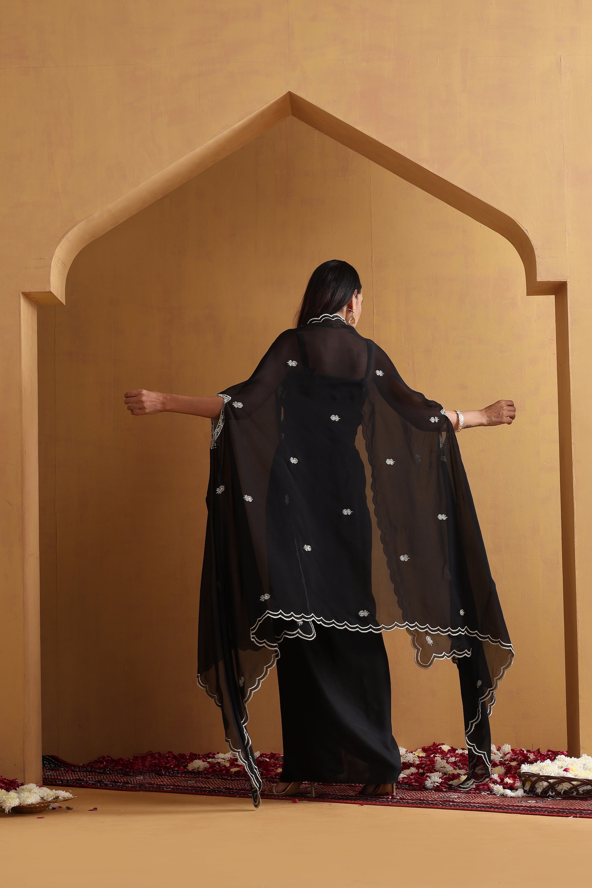 Rirsa Black Embroidered Draped Skirt Set with Cape