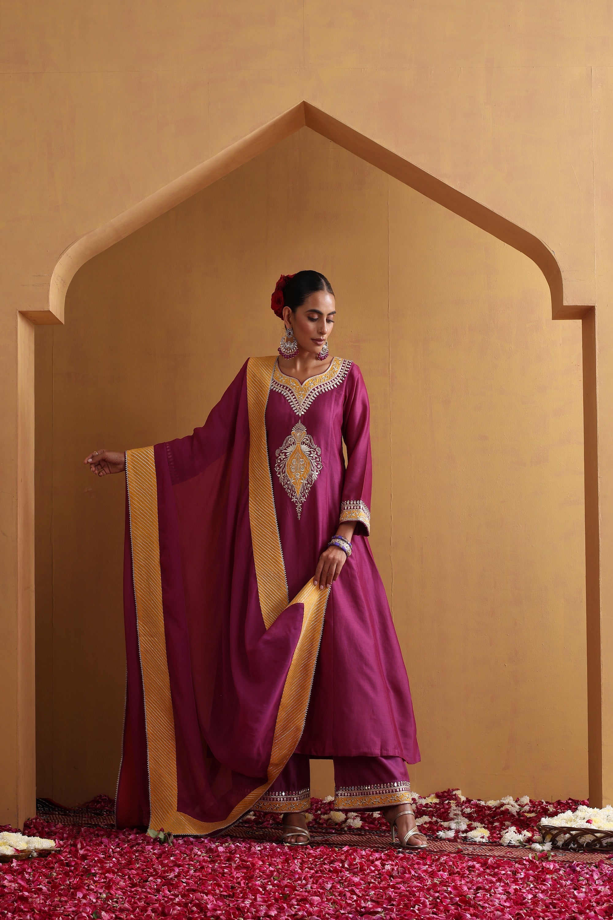 Dhiya Wine and Yellow Embroidered Kurta Set with Dupatta