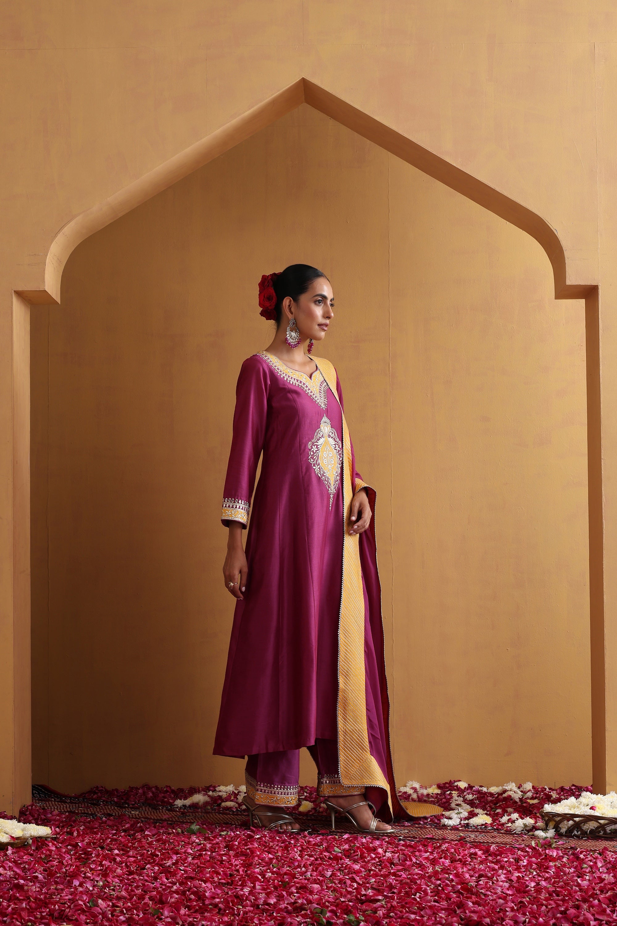Dhiya Wine and Yellow Embroidered Kurta Set with Dupatta