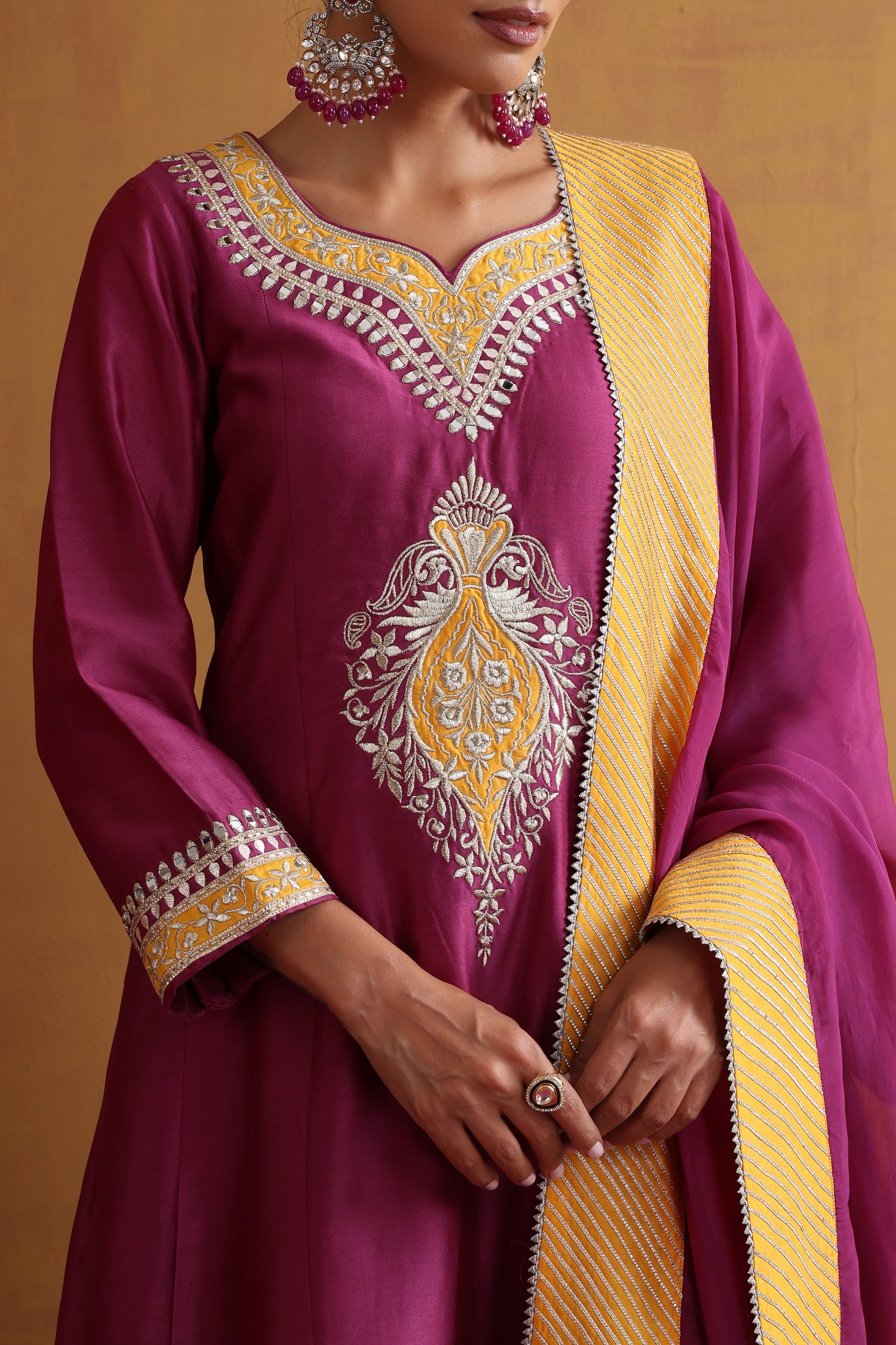 Dhiya Wine and Yellow Embroidered Kurta Set with Dupatta
