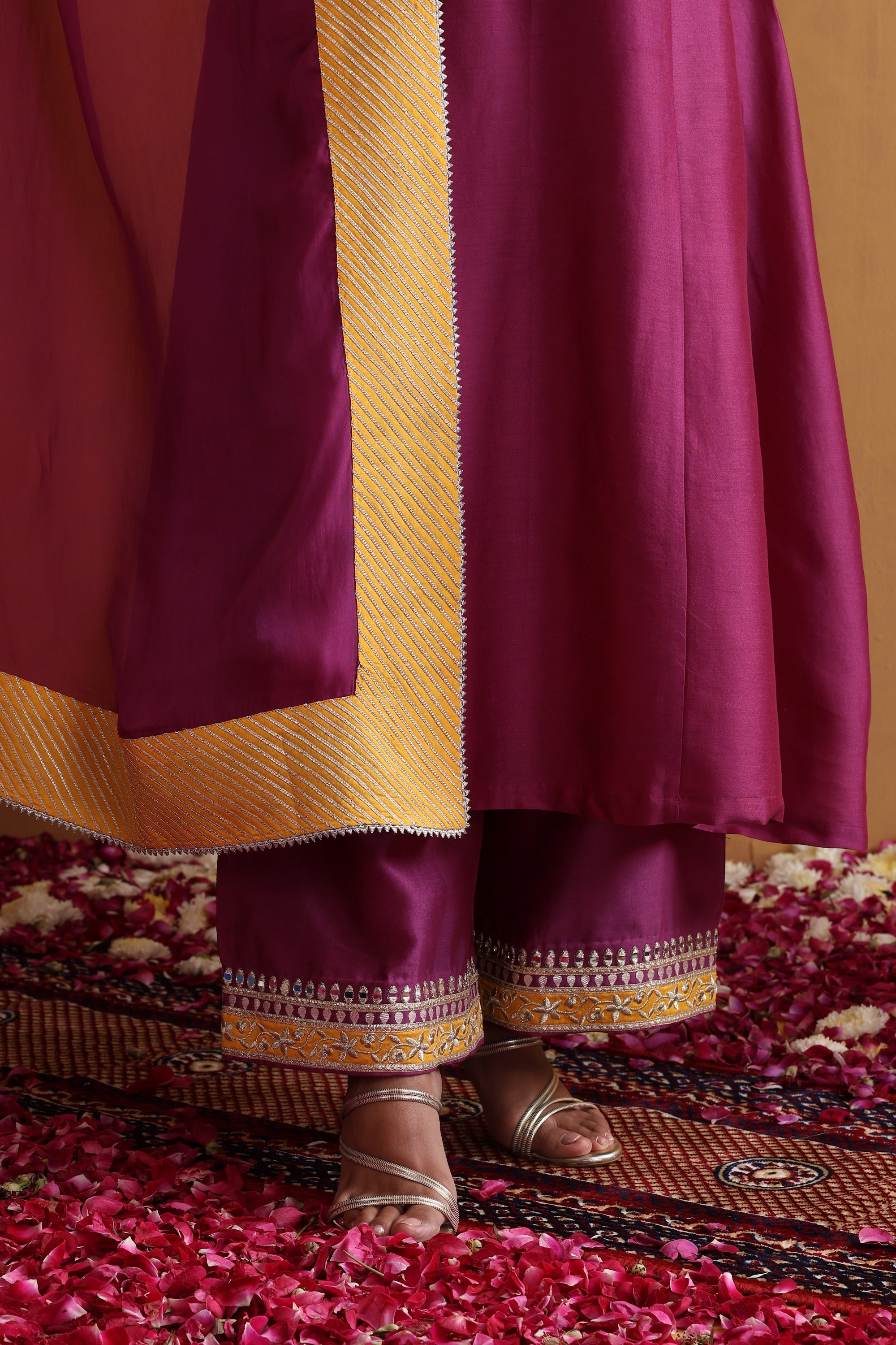 Dhiya Wine and Yellow Embroidered Kurta Set with Dupatta