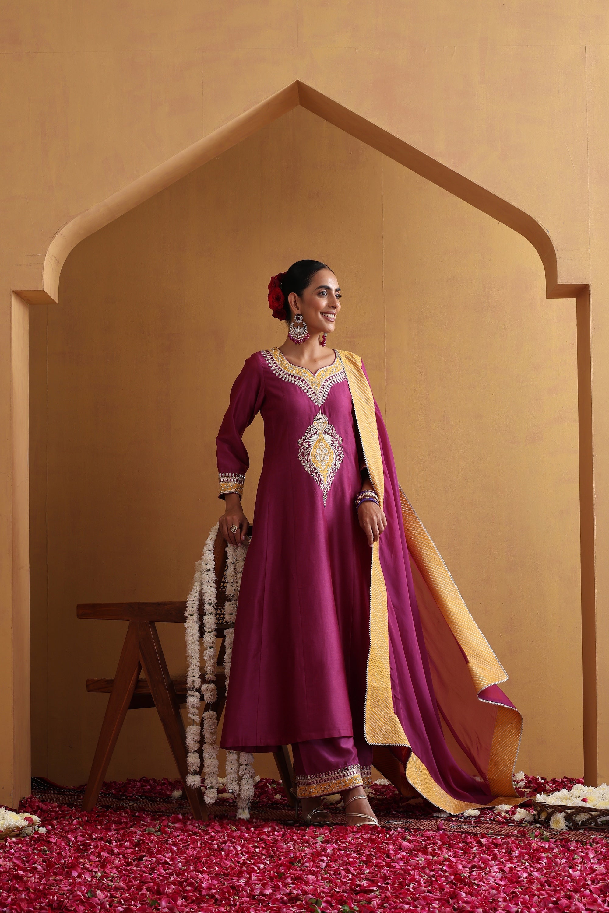 Dhiya Wine and Yellow Embroidered Kurta Set with Dupatta