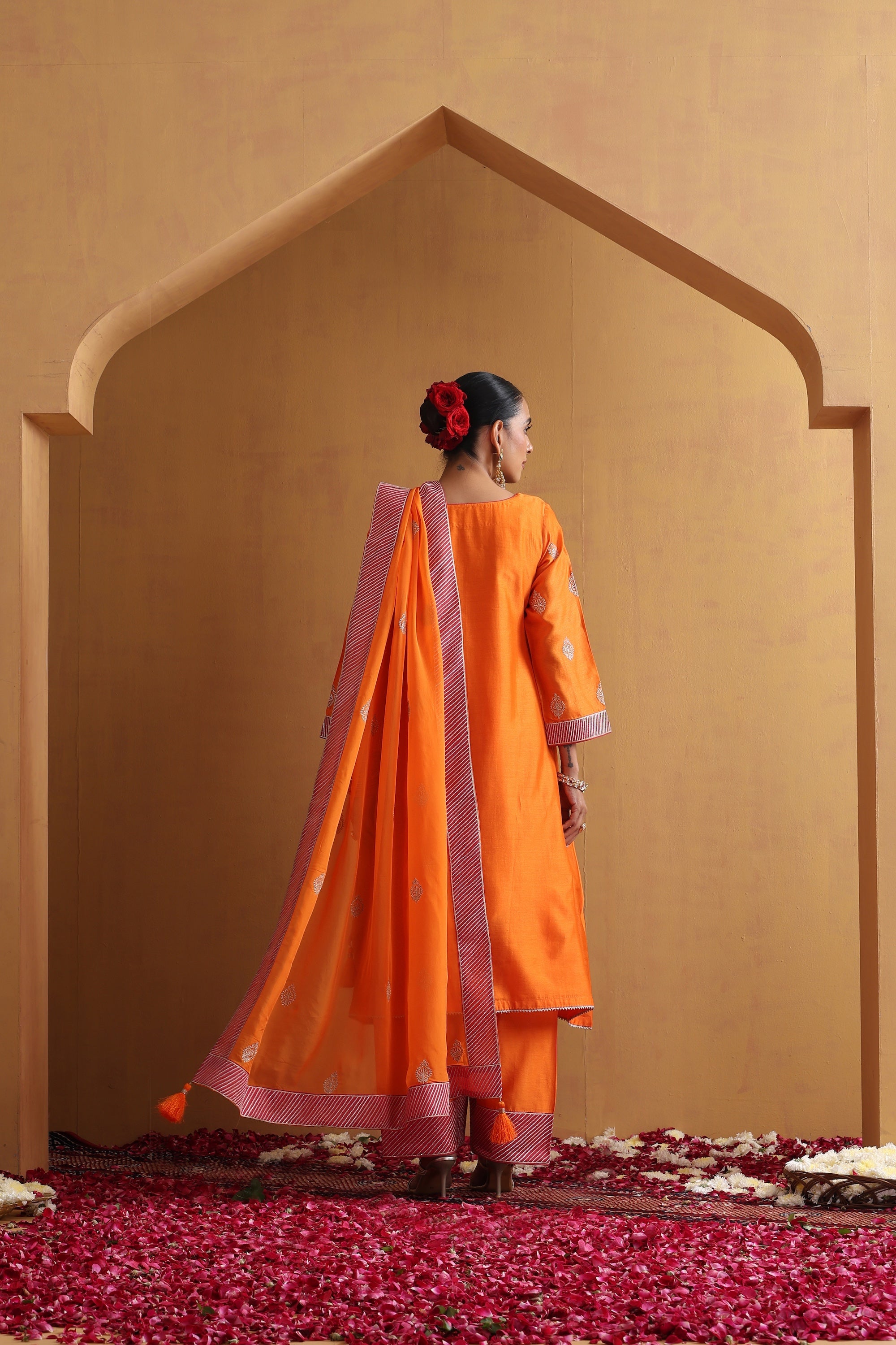 Vedanshi Orange Embroidered Kurta Set with Dupatta