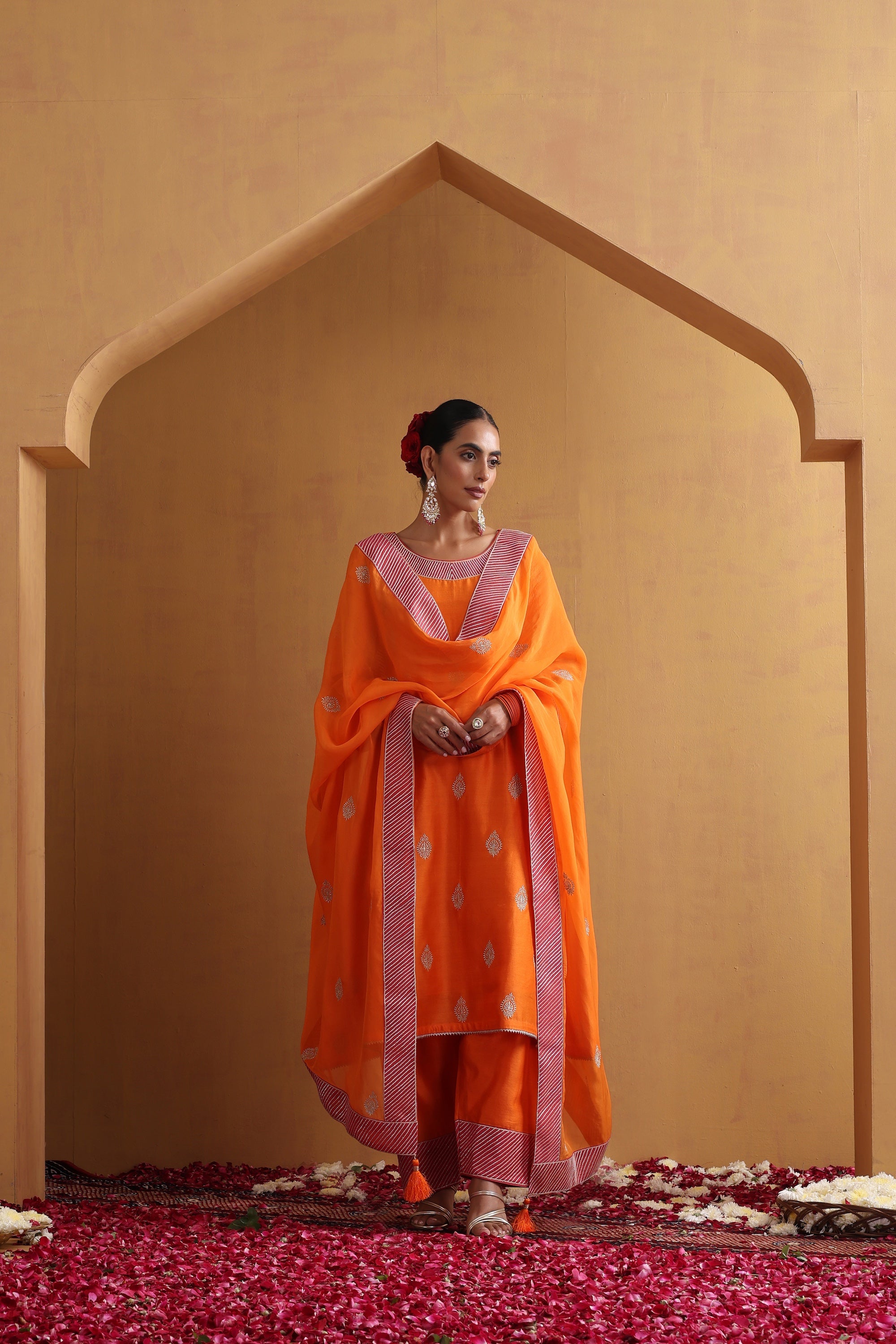 Vedanshi Orange Embroidered Kurta Set with Dupatta