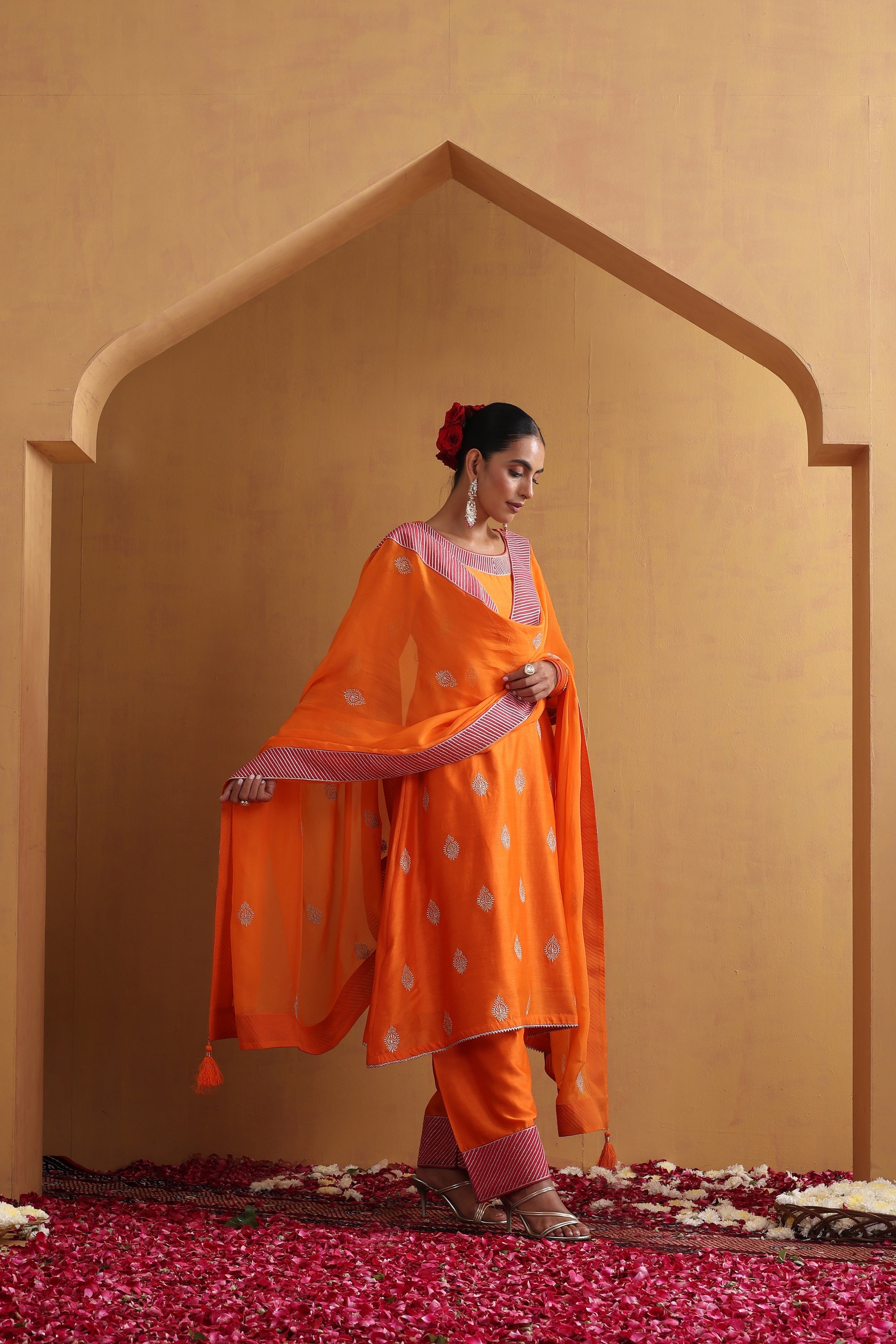 Vedanshi Orange Embroidered Kurta Set with Dupatta