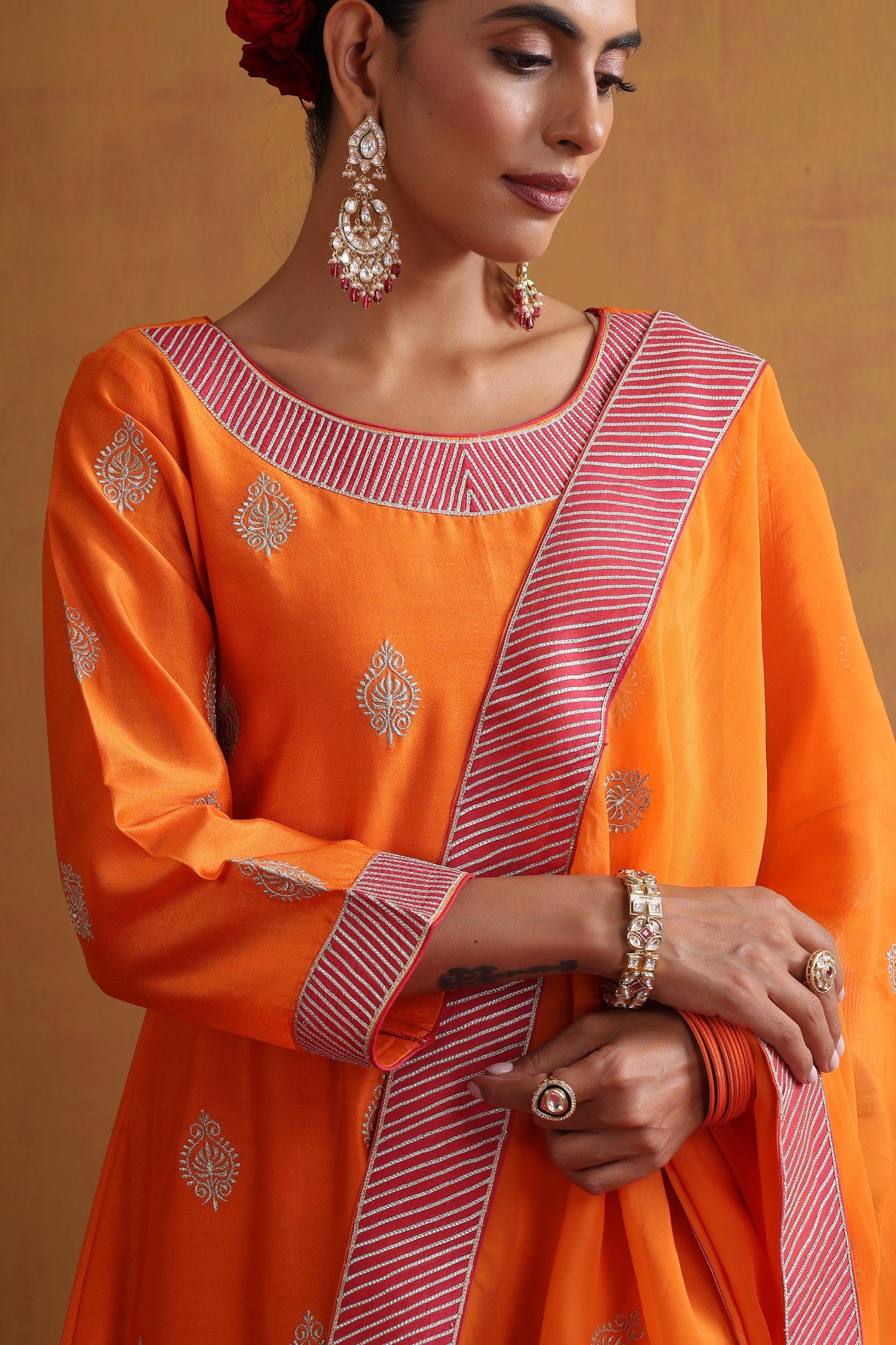 Vedanshi Orange Embroidered Kurta Set with Dupatta