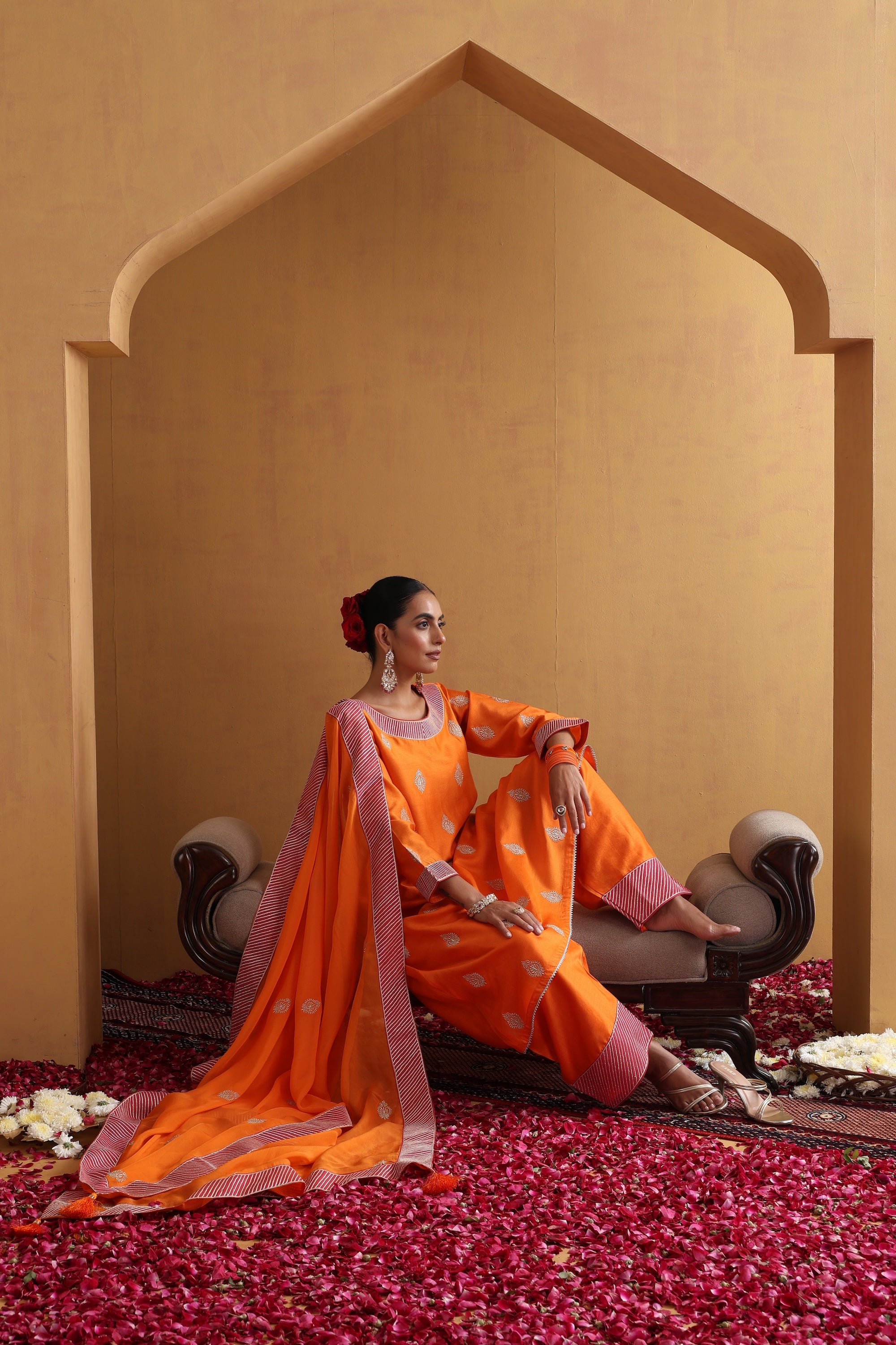 Vedanshi Orange Embroidered Kurta Set with Dupatta