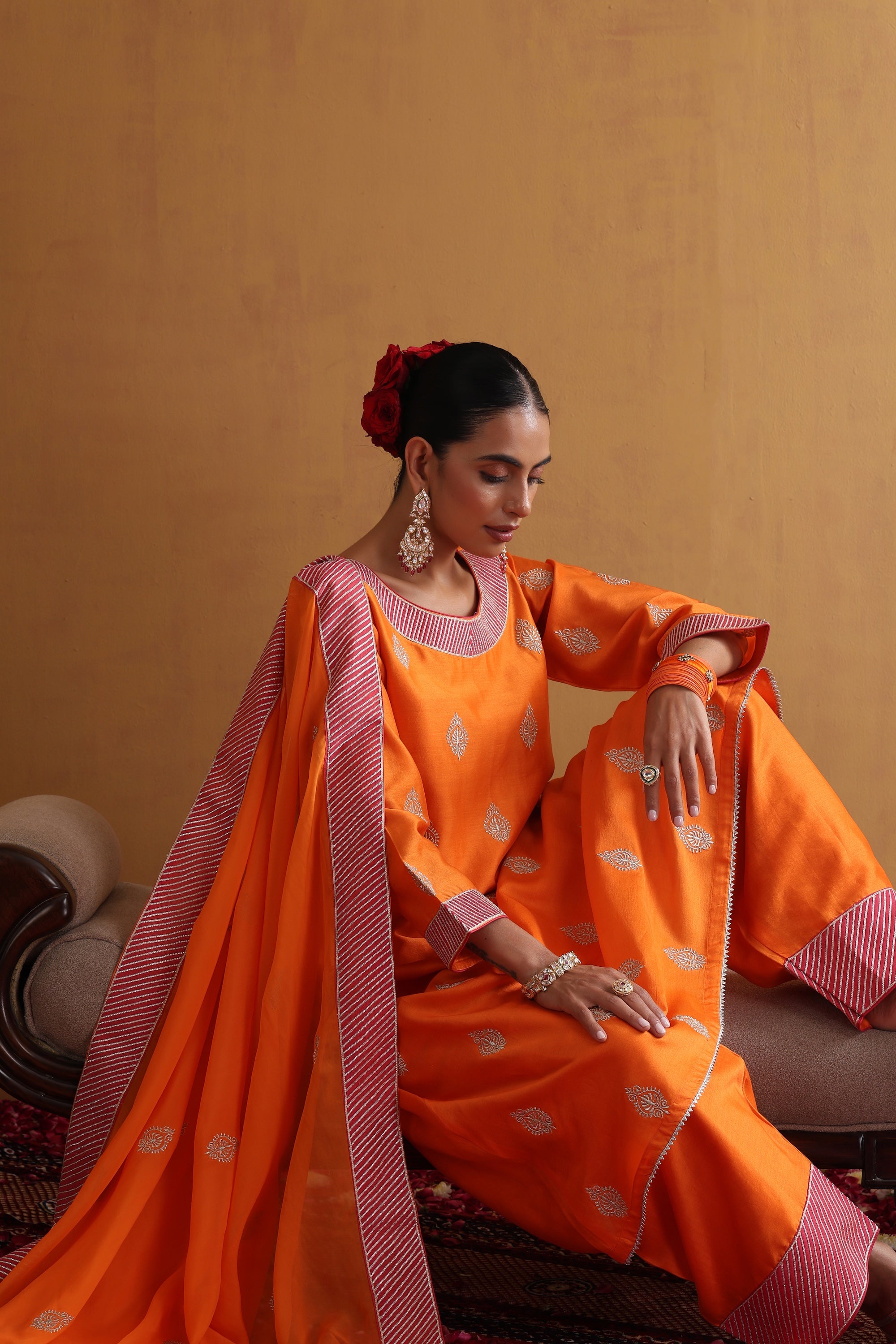 Vedanshi Orange Embroidered Kurta Set with Dupatta