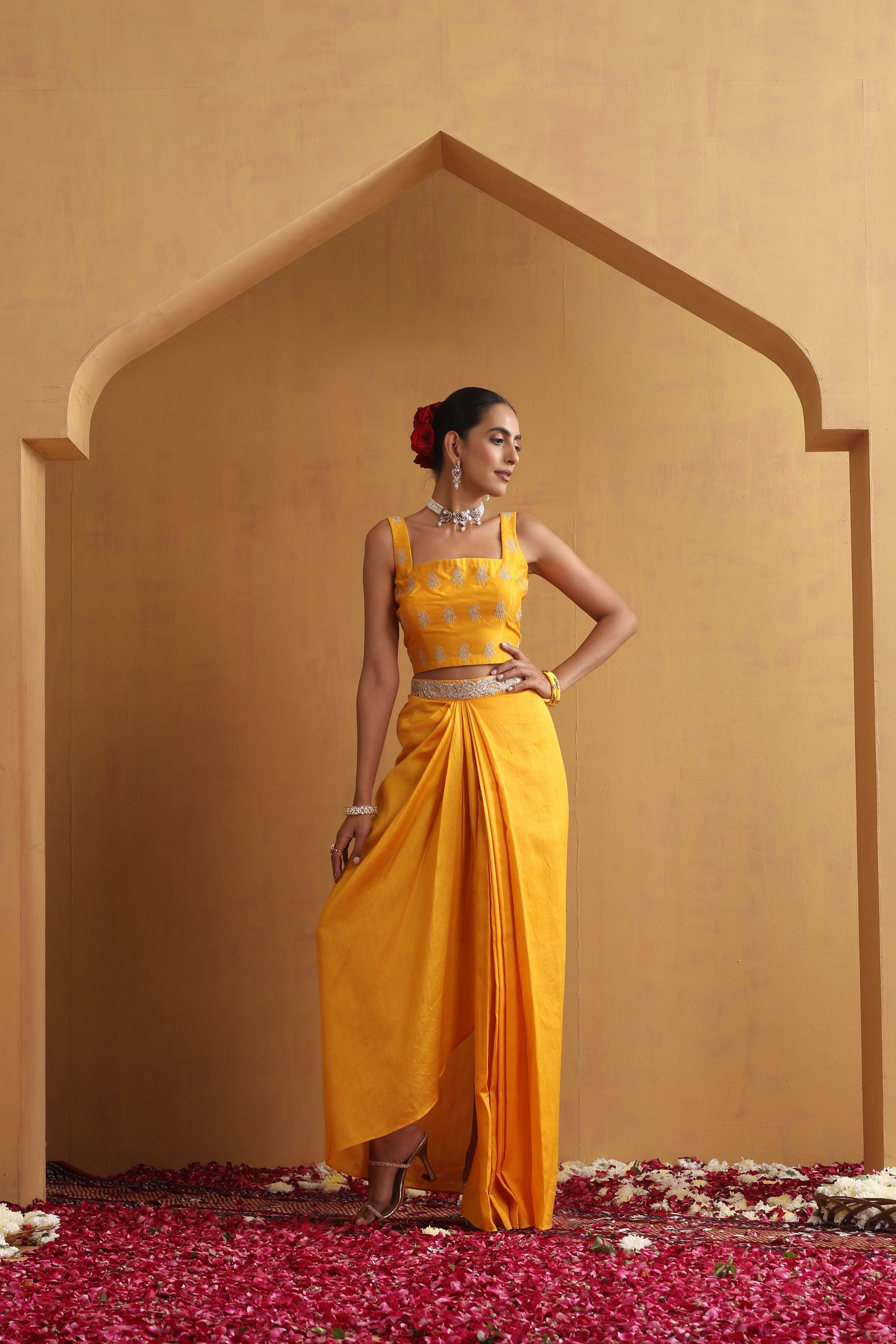 Aangan Yellow Embroidered Draped Skirt Set with Cape
