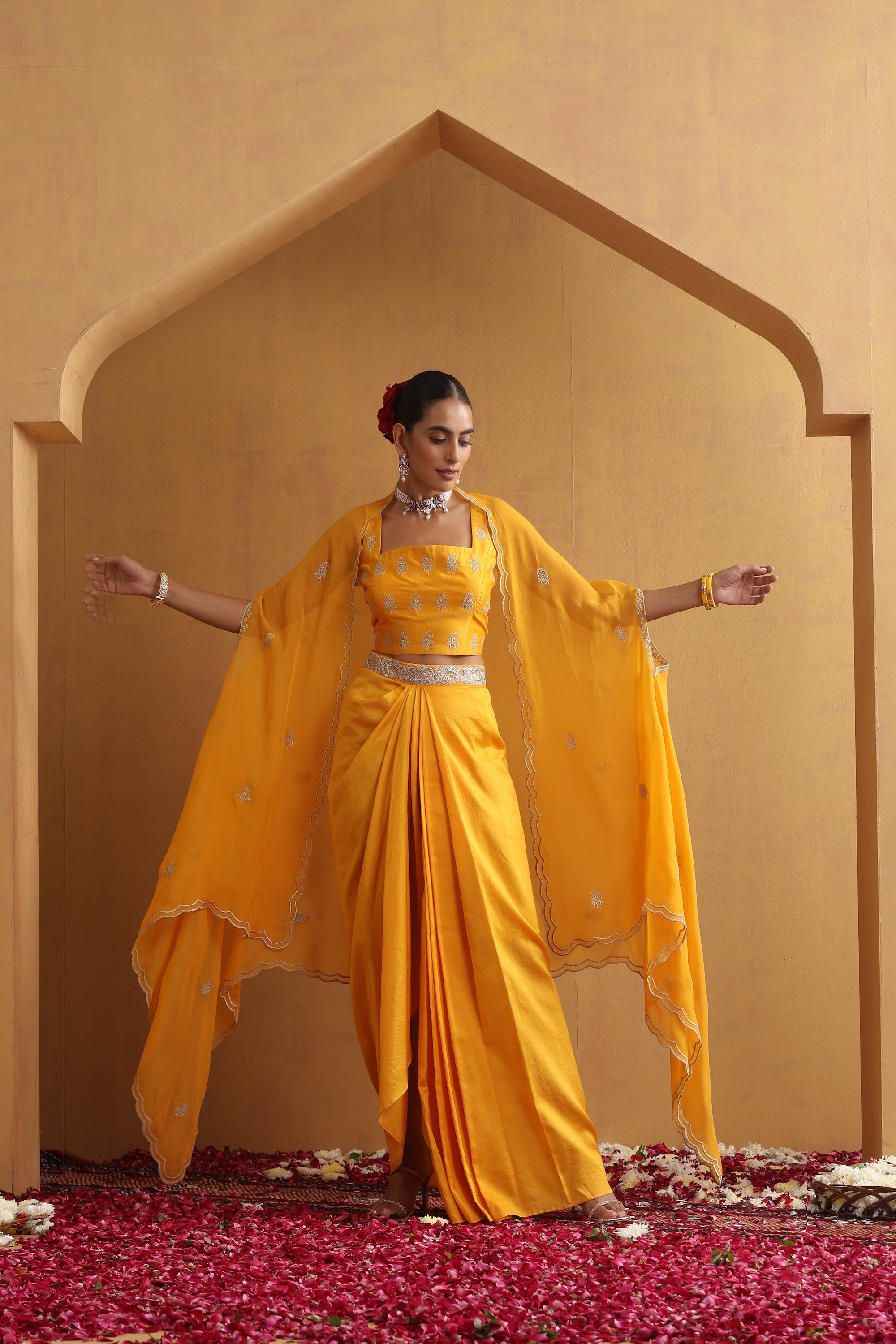 Aangan Yellow Embroidered Draped Skirt Set with Cape