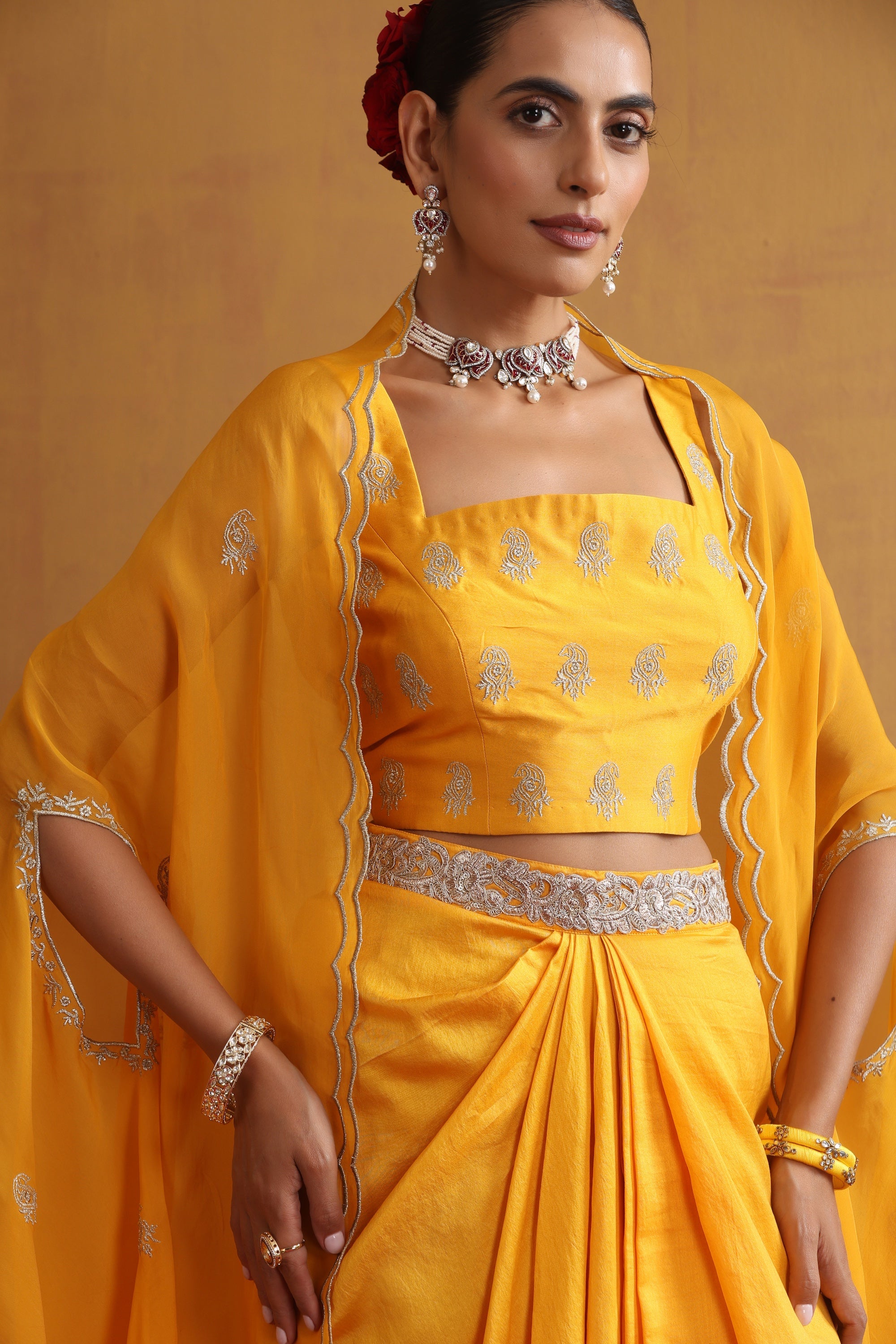 Aangan Yellow Embroidered Draped Skirt Set with Cape