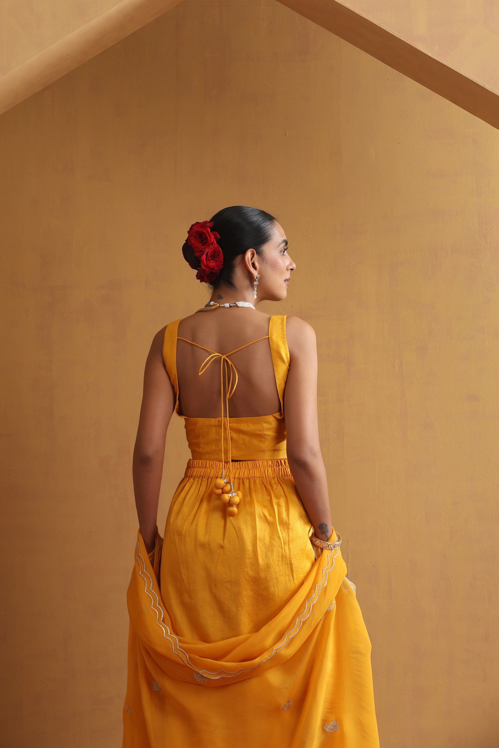 Aangan Yellow Embroidered Draped Skirt Set with Cape