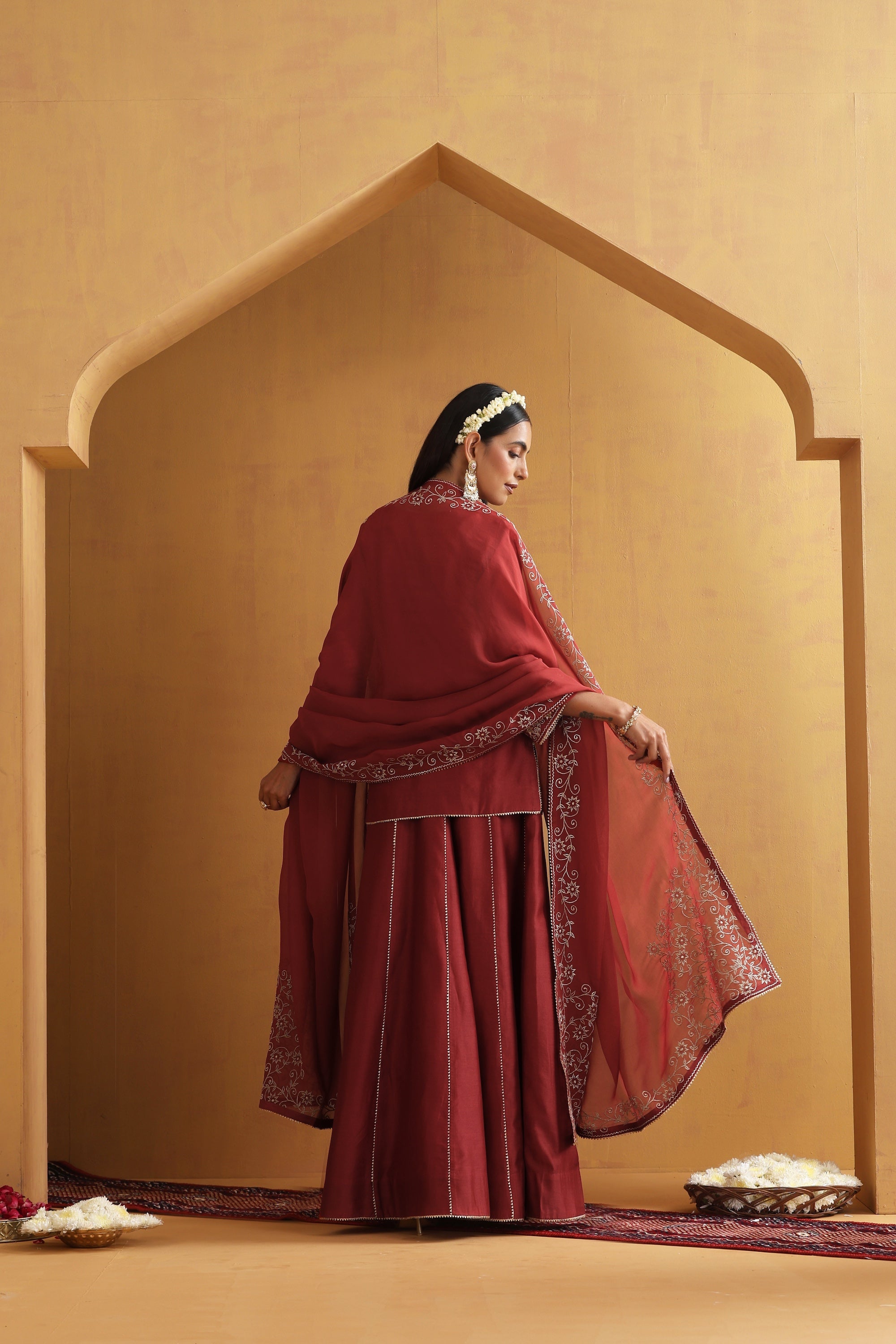 Katha Rust Embroidered Lehenga Set with Dupatta