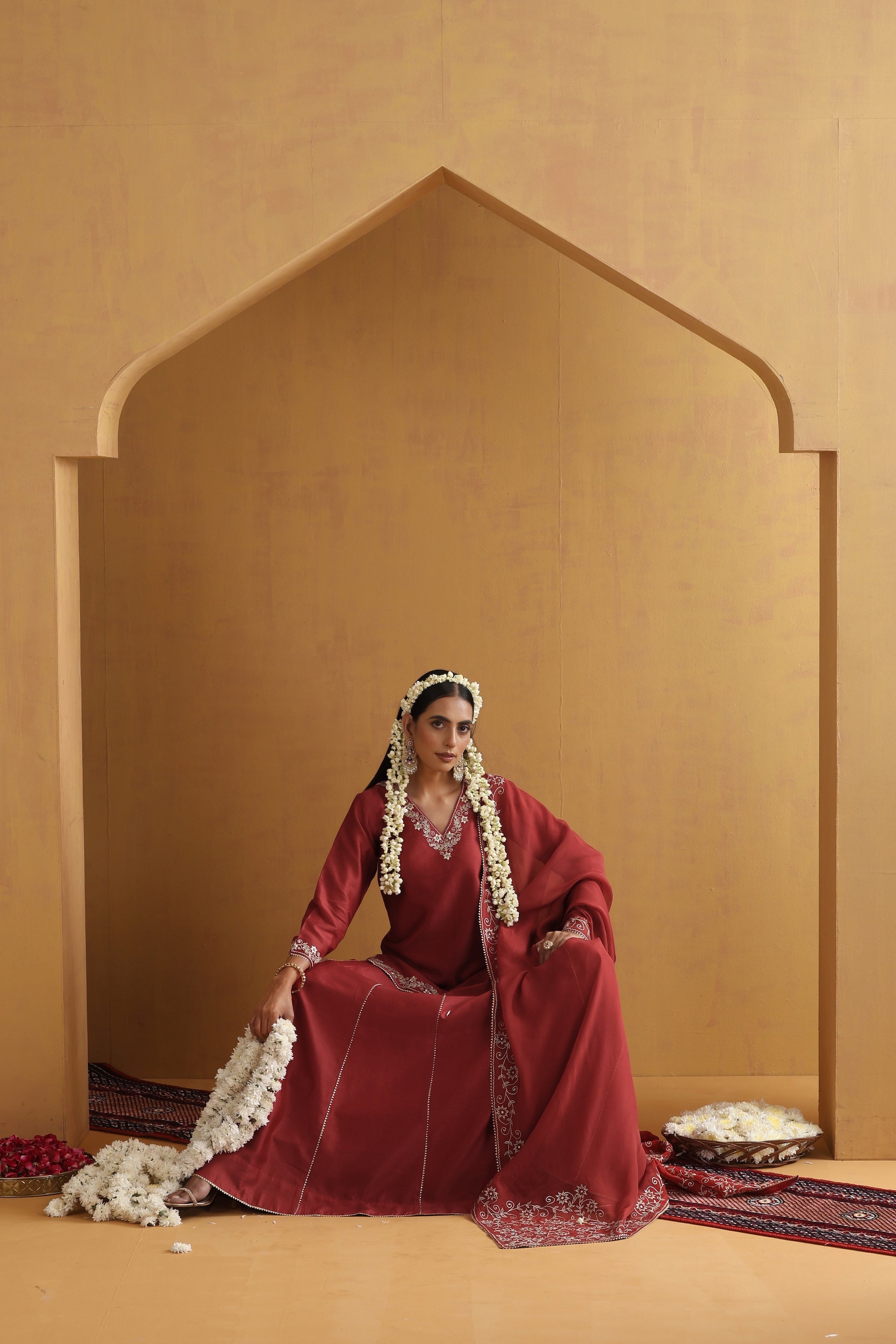 Katha Rust Embroidered Lehenga Set with Dupatta