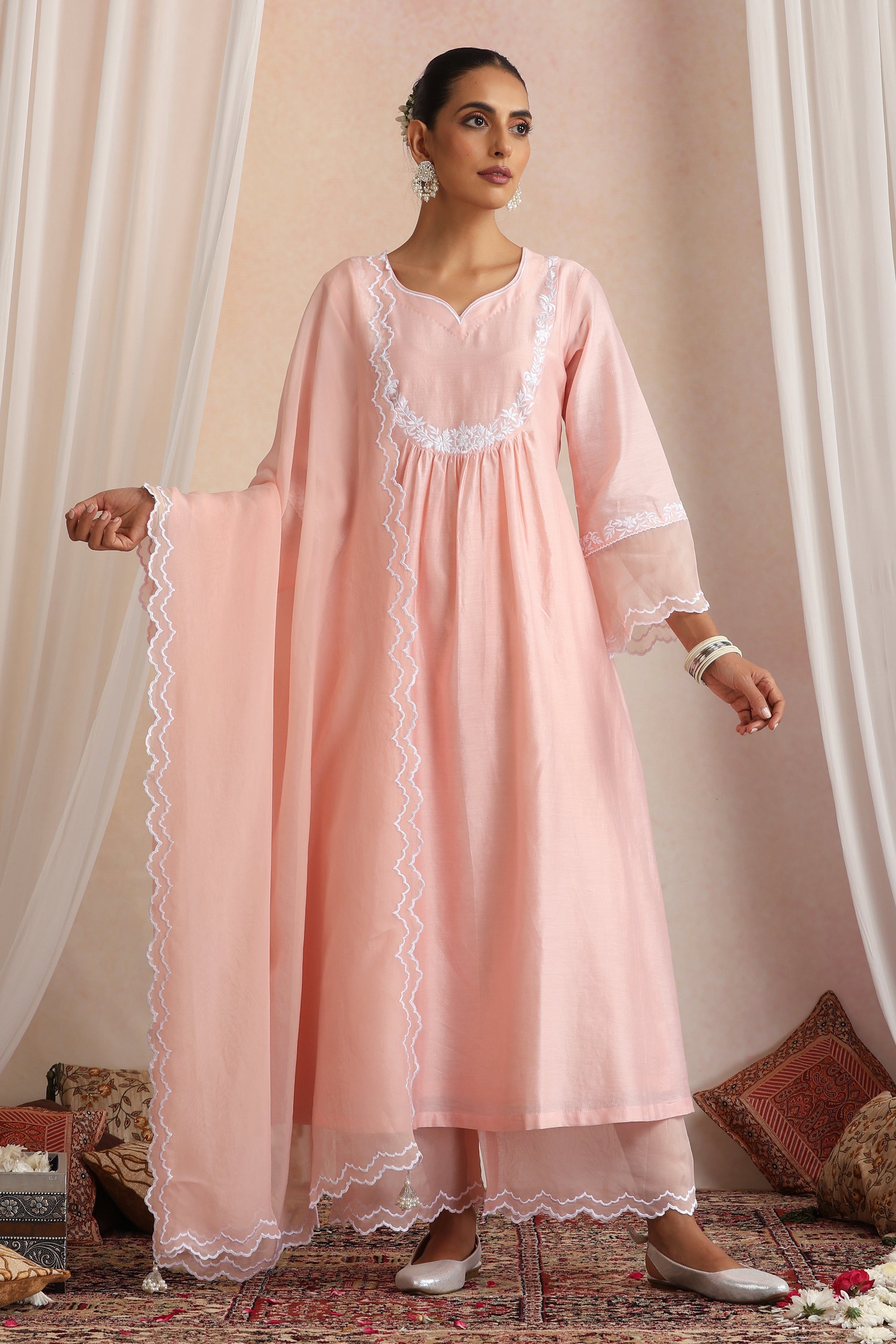 Adah Peach Embroidered Kurta Set with Dupatta