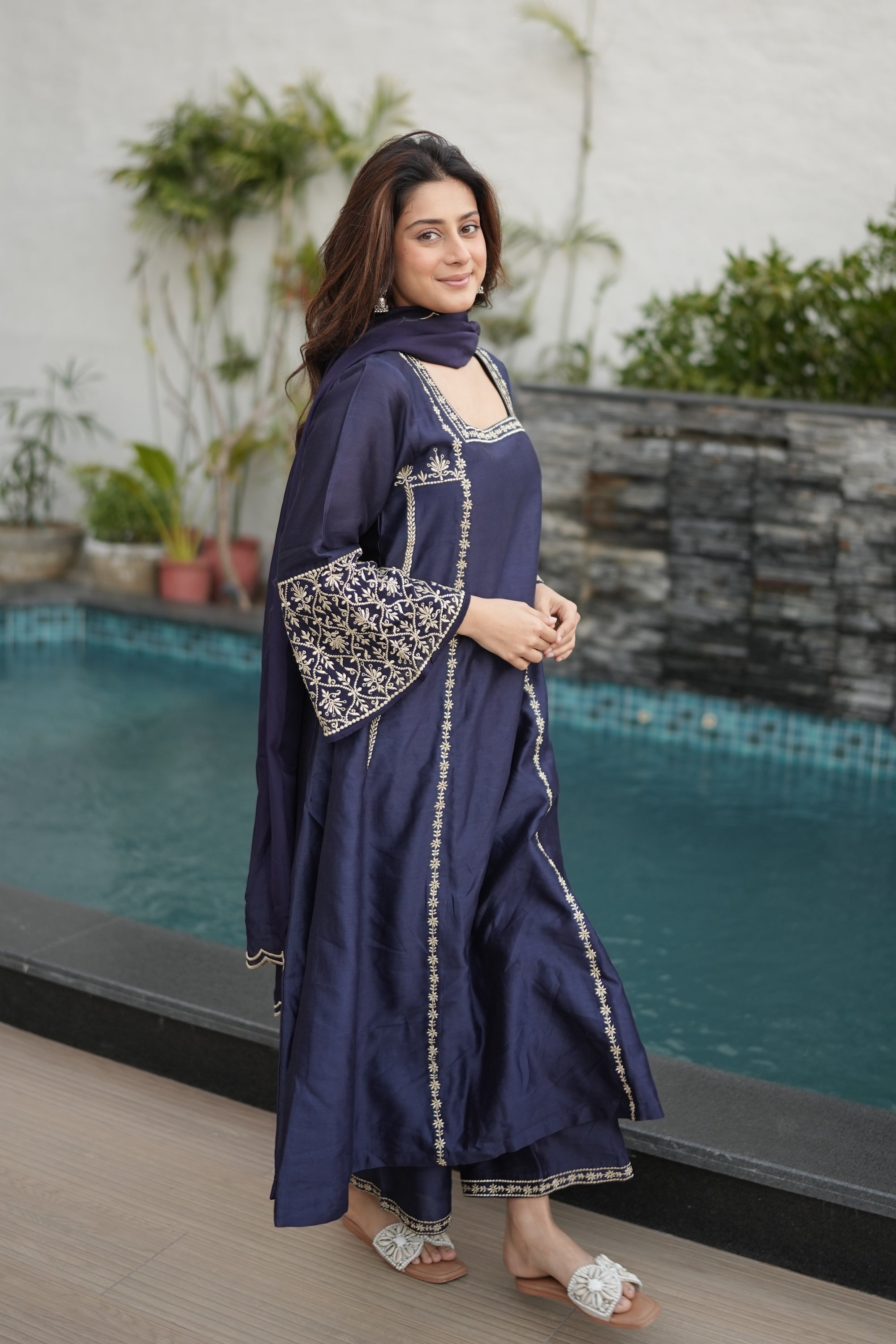 Gulzar Navy Blue Embroidered Kurta Set with Dupatta