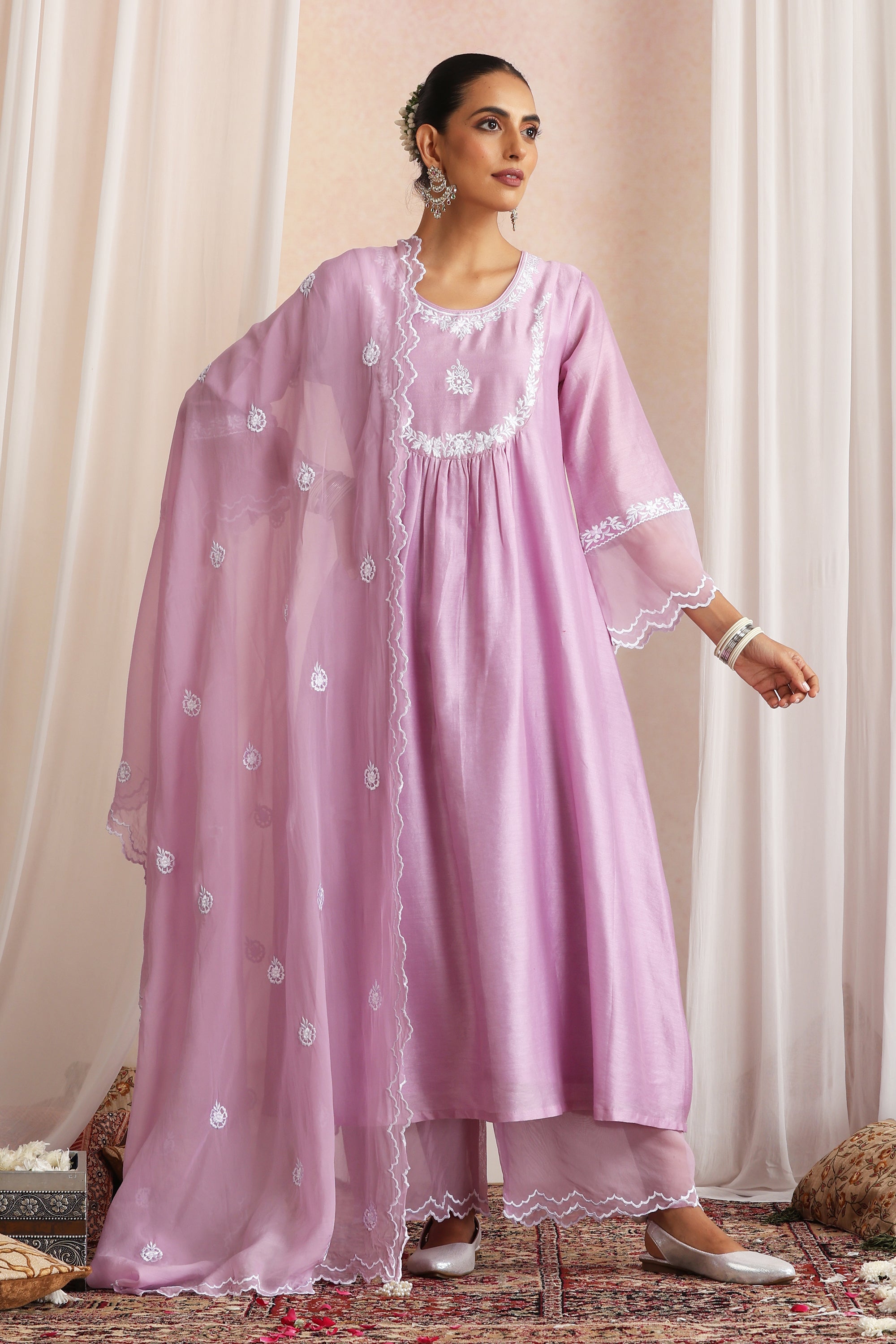 Devika Lavender Embroidered Kurta Set with Dupatta