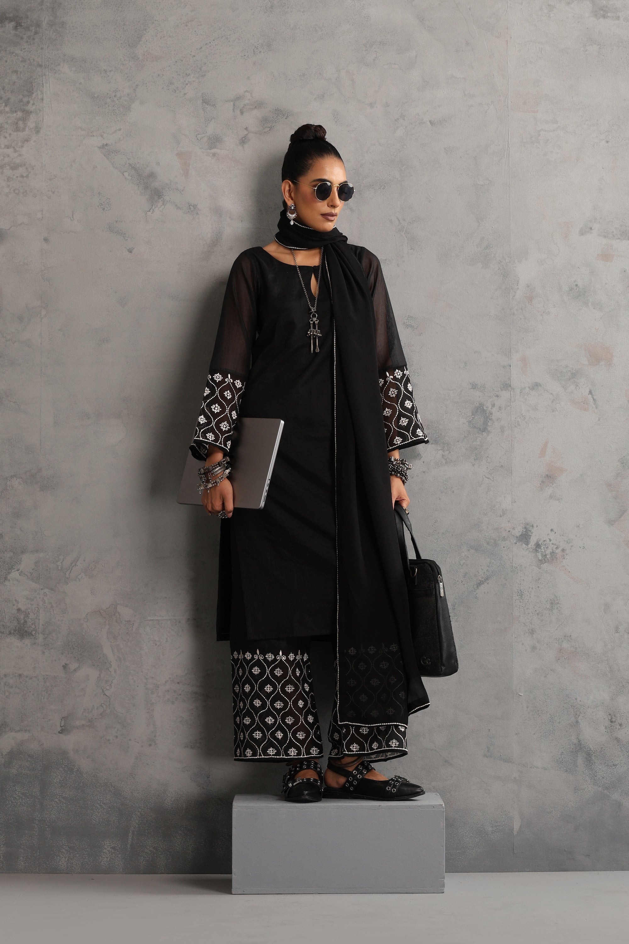 Yuvina Black Embroidered Kurta Set with Dupatta