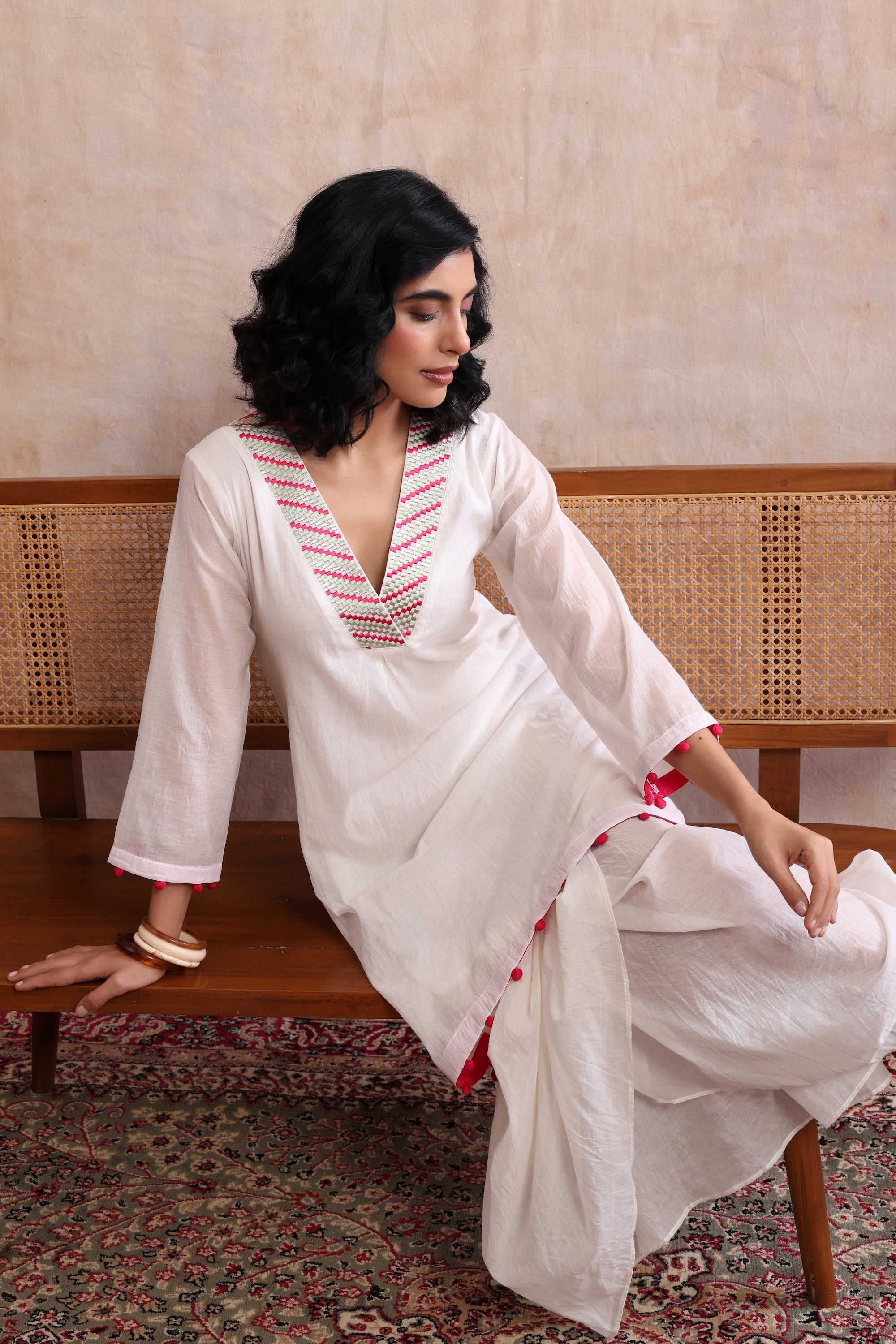 Pasha Off White Embroidered Kurta Dress
