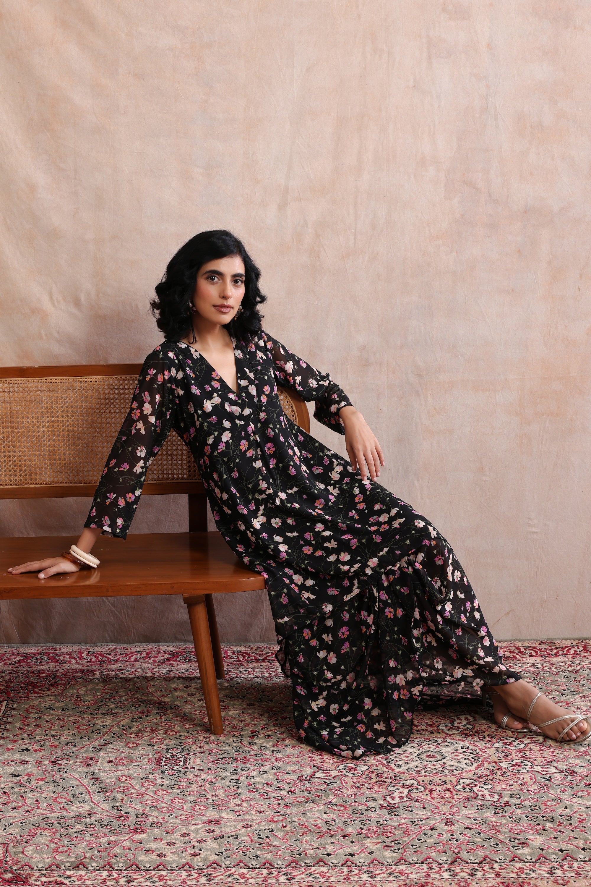 Nisha Black Floral Printed Kurta Dress